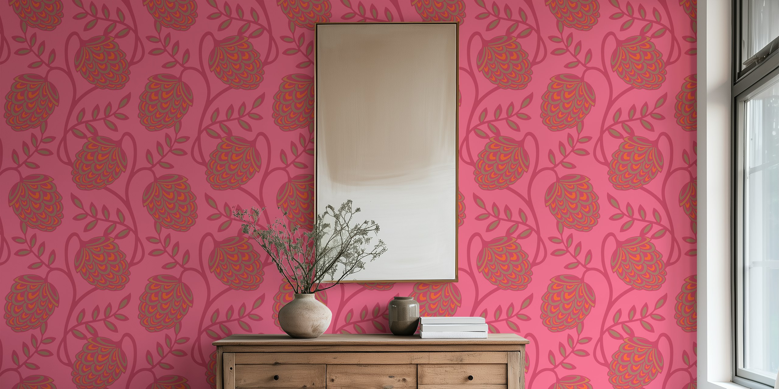 Pink floral wallpaper with vibrant botanical motifs and green leaves