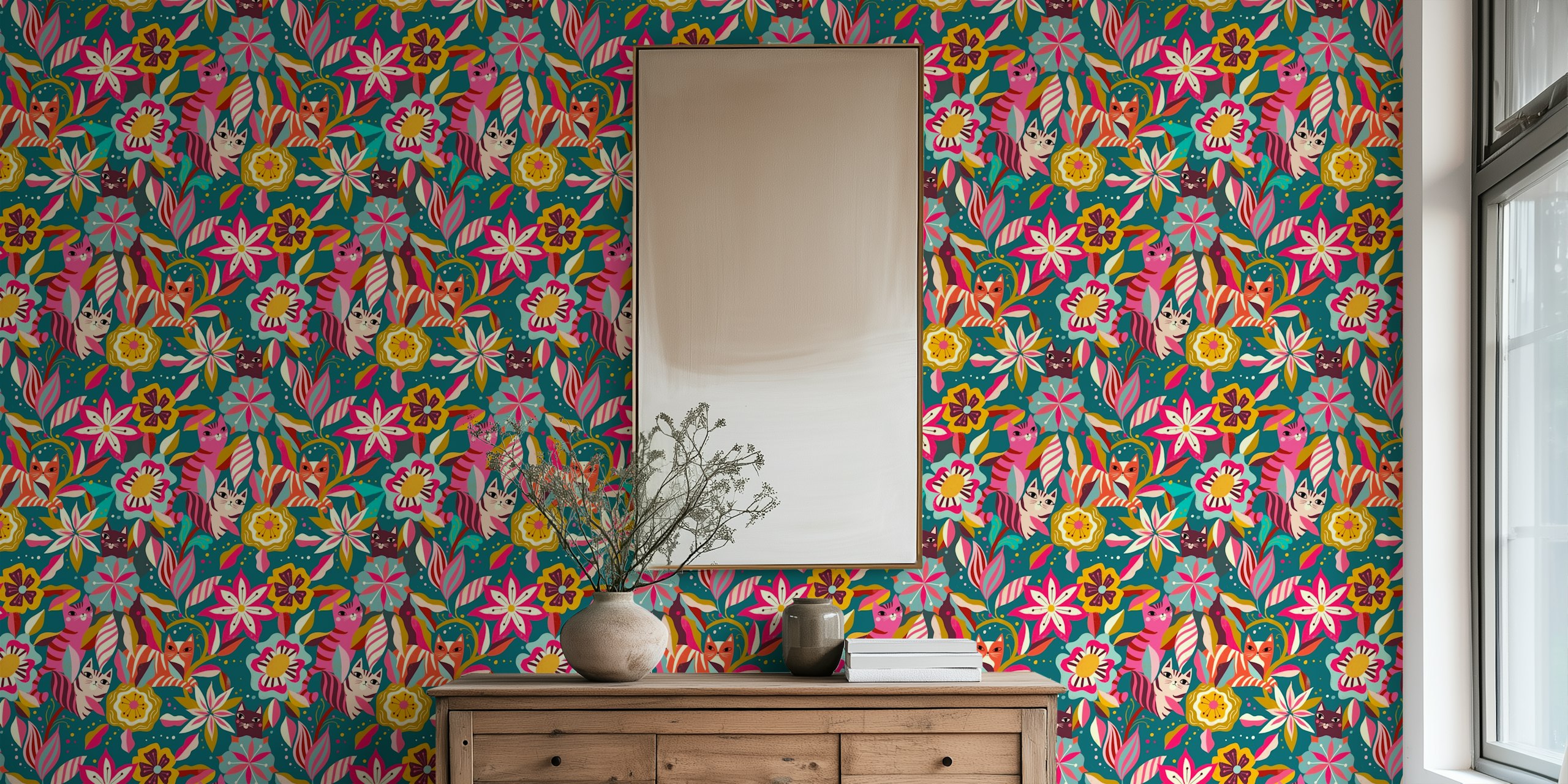 Floral garden wallpaper με hidden cats