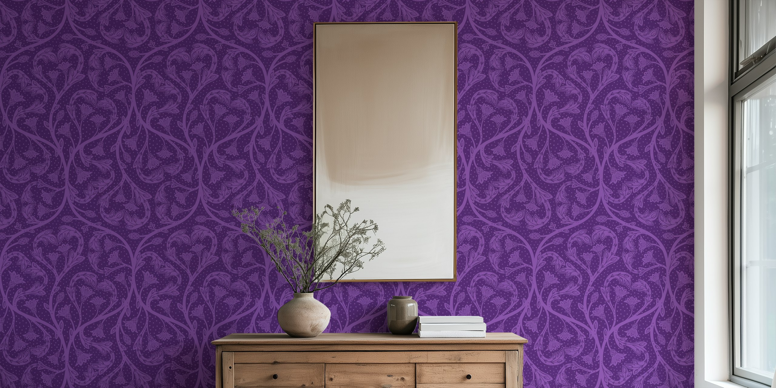 Victorian dandelion hearts Amethyst behang in een kamer