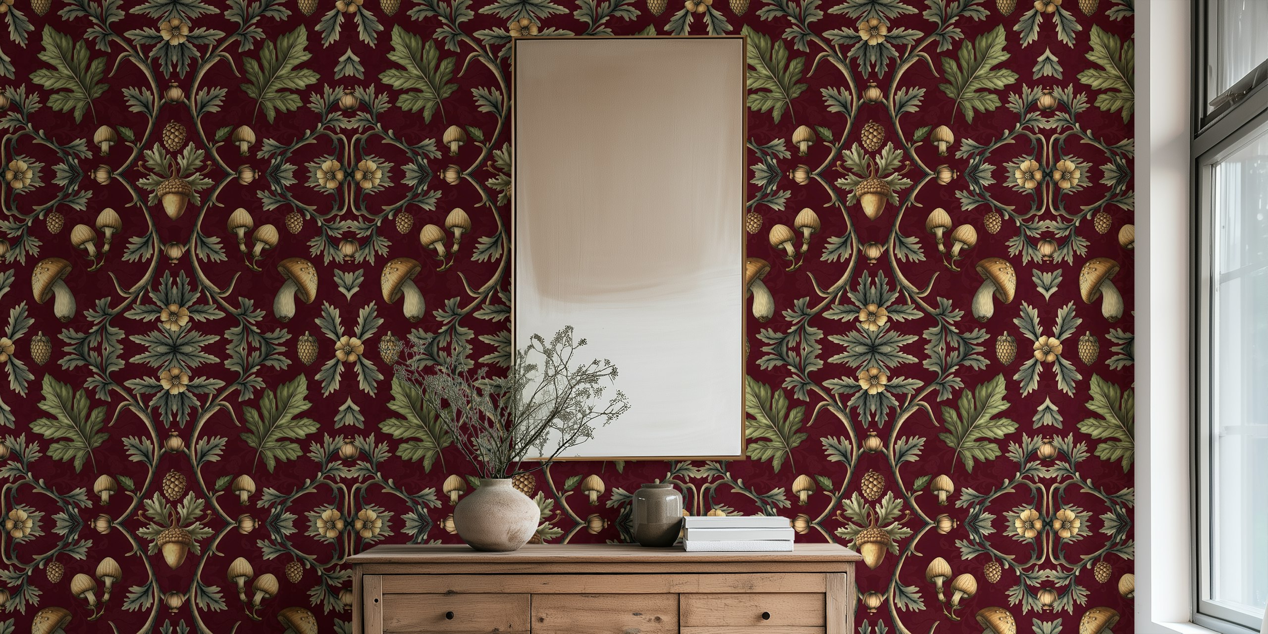 Botanical floral design with leaves and mushrooms on burgundy wallpaper