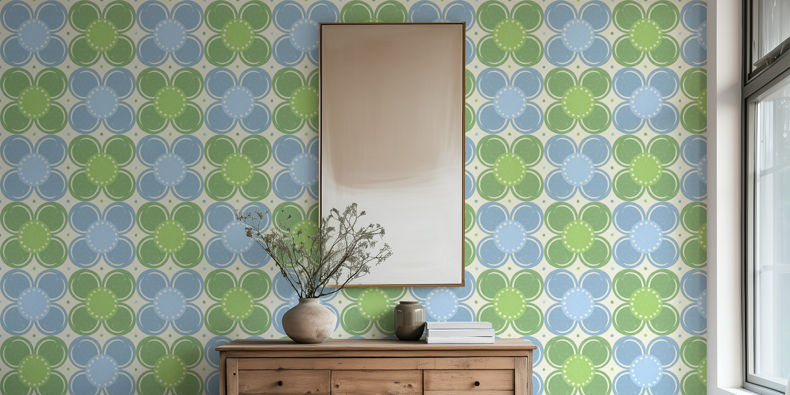 Blue and green retro flowers wallpaper σε ένα δωμάτιο