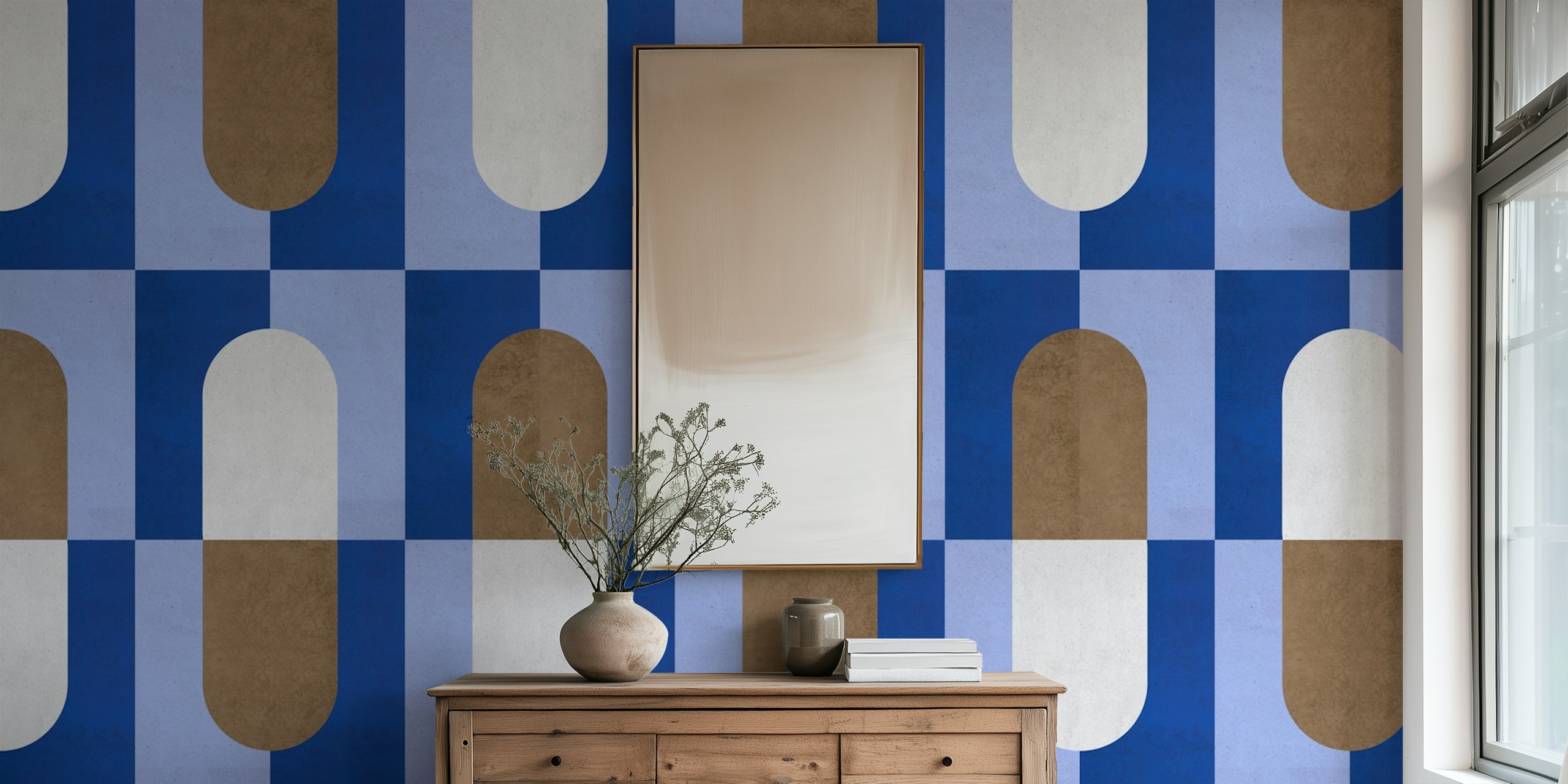 Geometric shapes in blue, brown, and white wallpaper