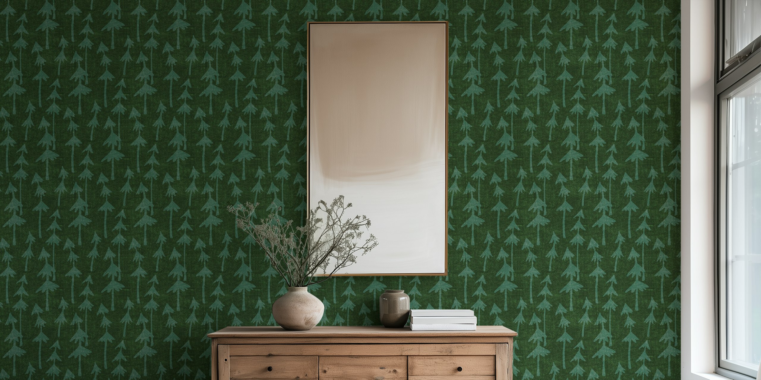 Prescott groene wallpaper met bomenpatroon