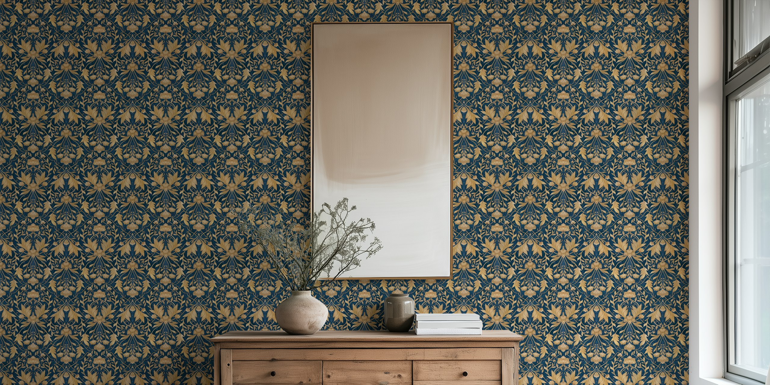 Floral damask wallpaper in navy blue and gold pattern