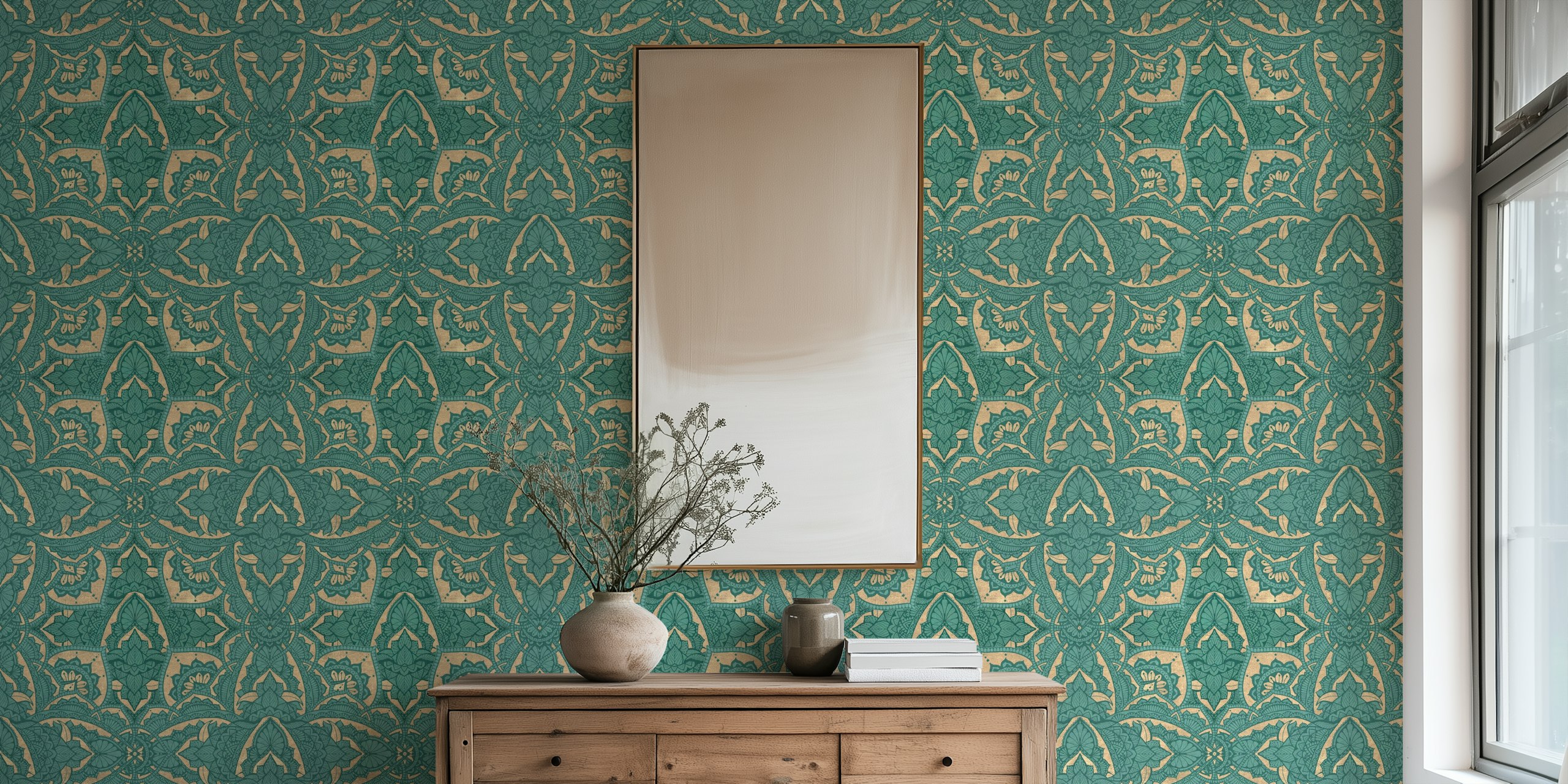 Teal opaline Art Deco geometry wallpaper in room