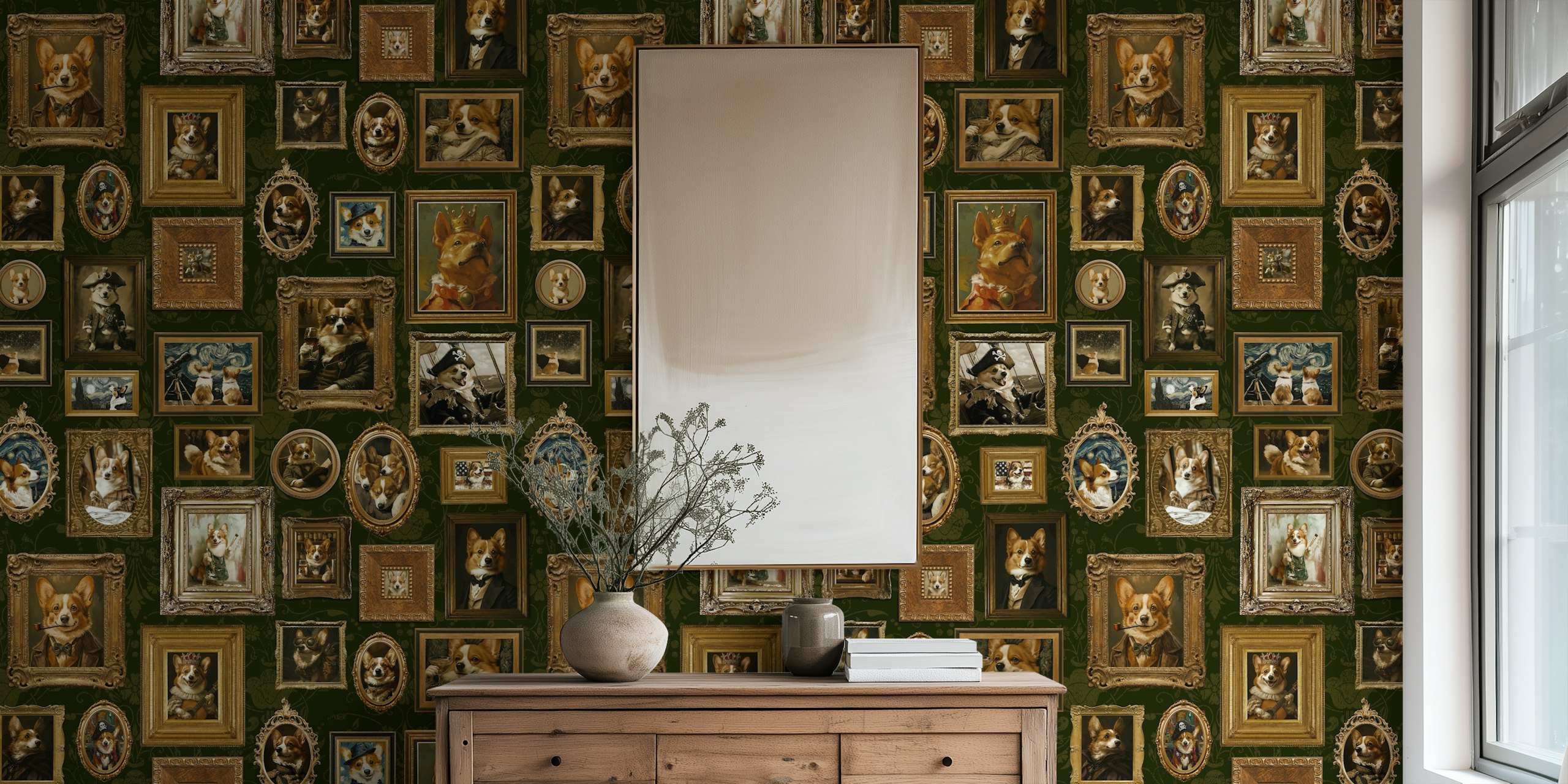 Vintage Corgi portrait gallery with ornate frames on green wallpaper