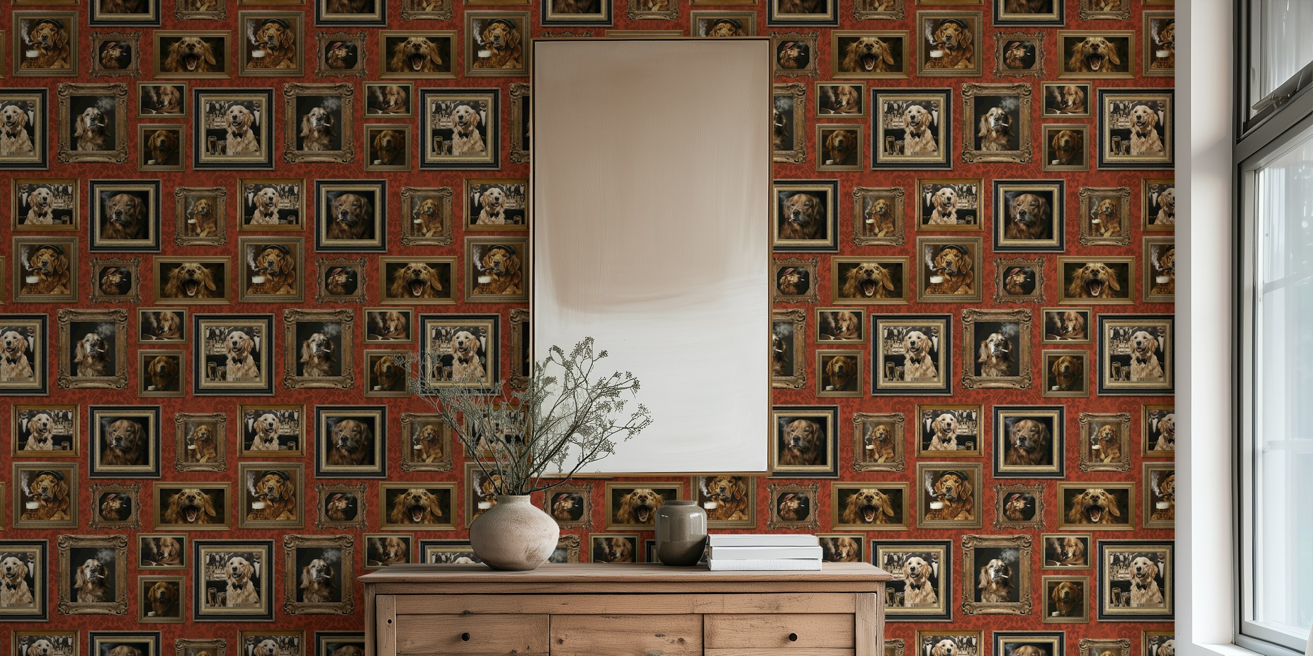 Gallery wall featuring framed portraits of golden retrievers in brown and gold tones wallpaper
