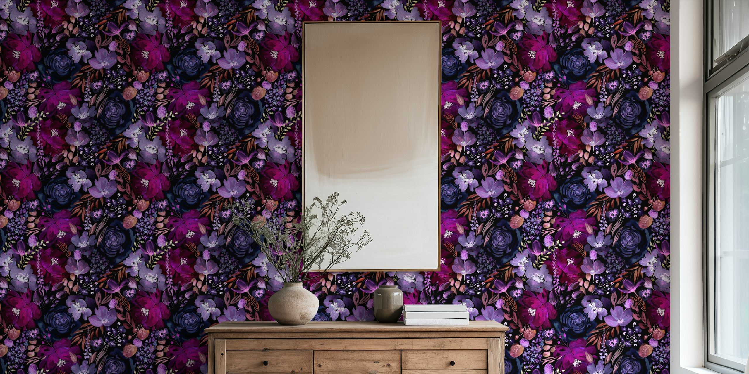 Dark Floral Chaos Purple wallpaper in a room