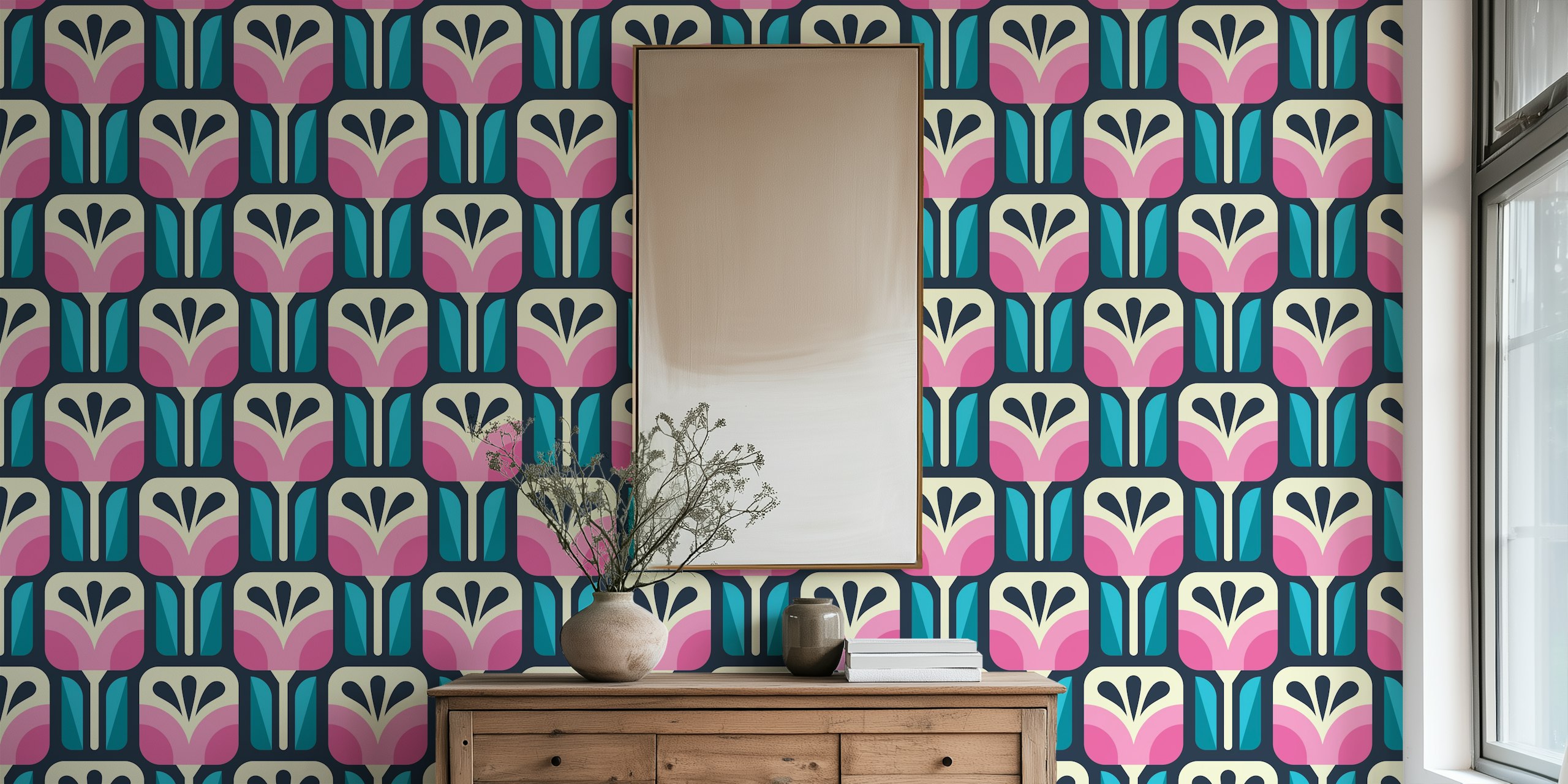 Retro Floral Blooms Blue Pink wallpaper in a room