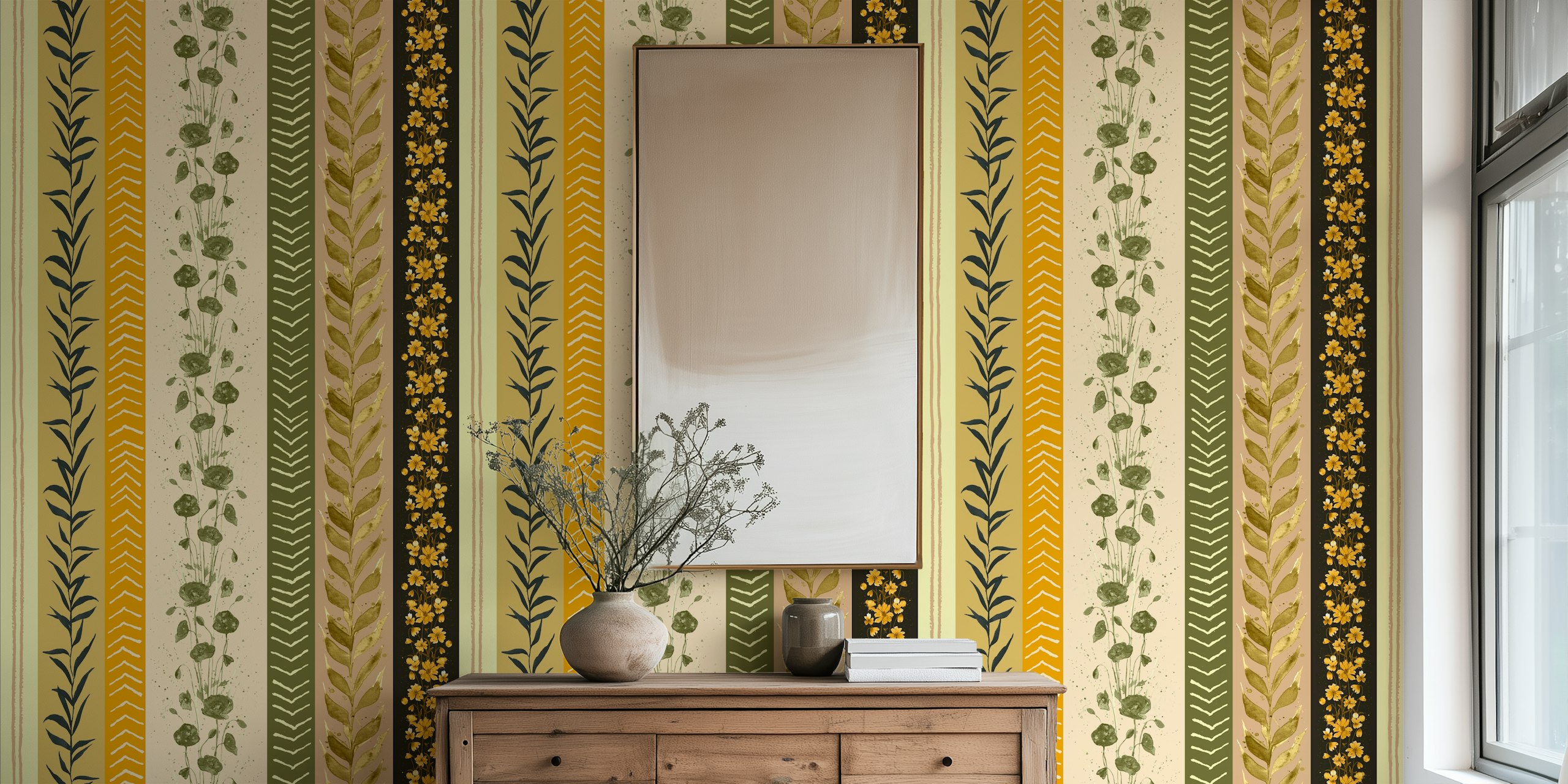 Floral and leafy patterns in green, yellow, and beige wallpaper.