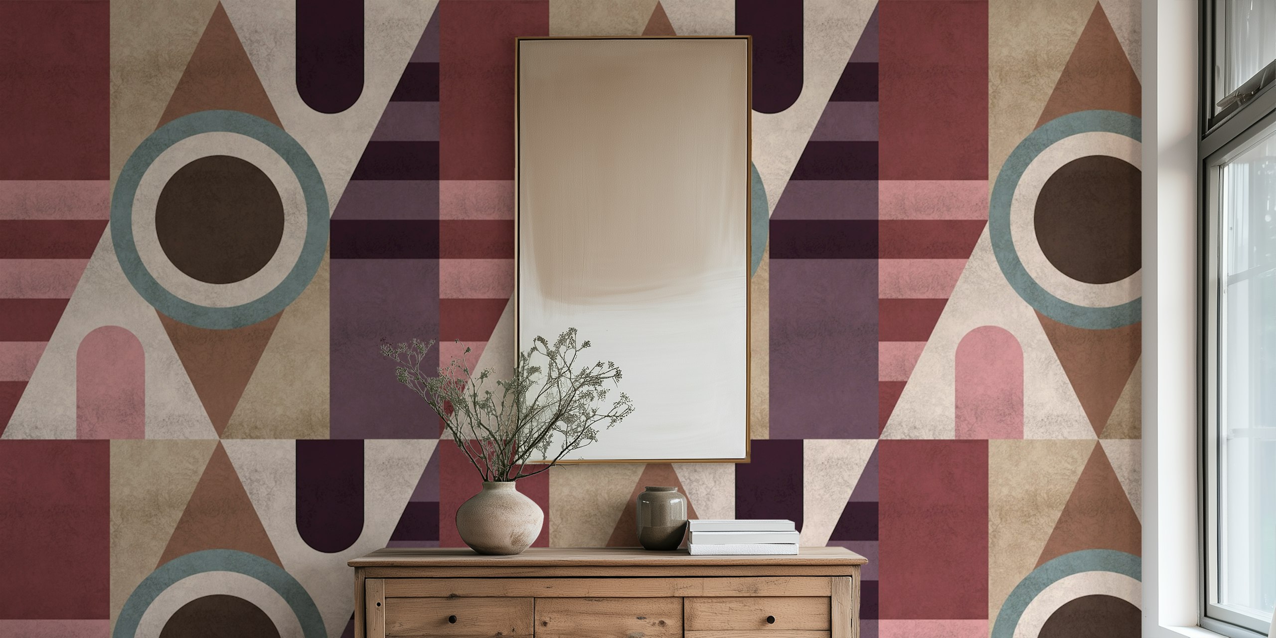 Geometric shapes in earthy tones of brown and blue wallpaper