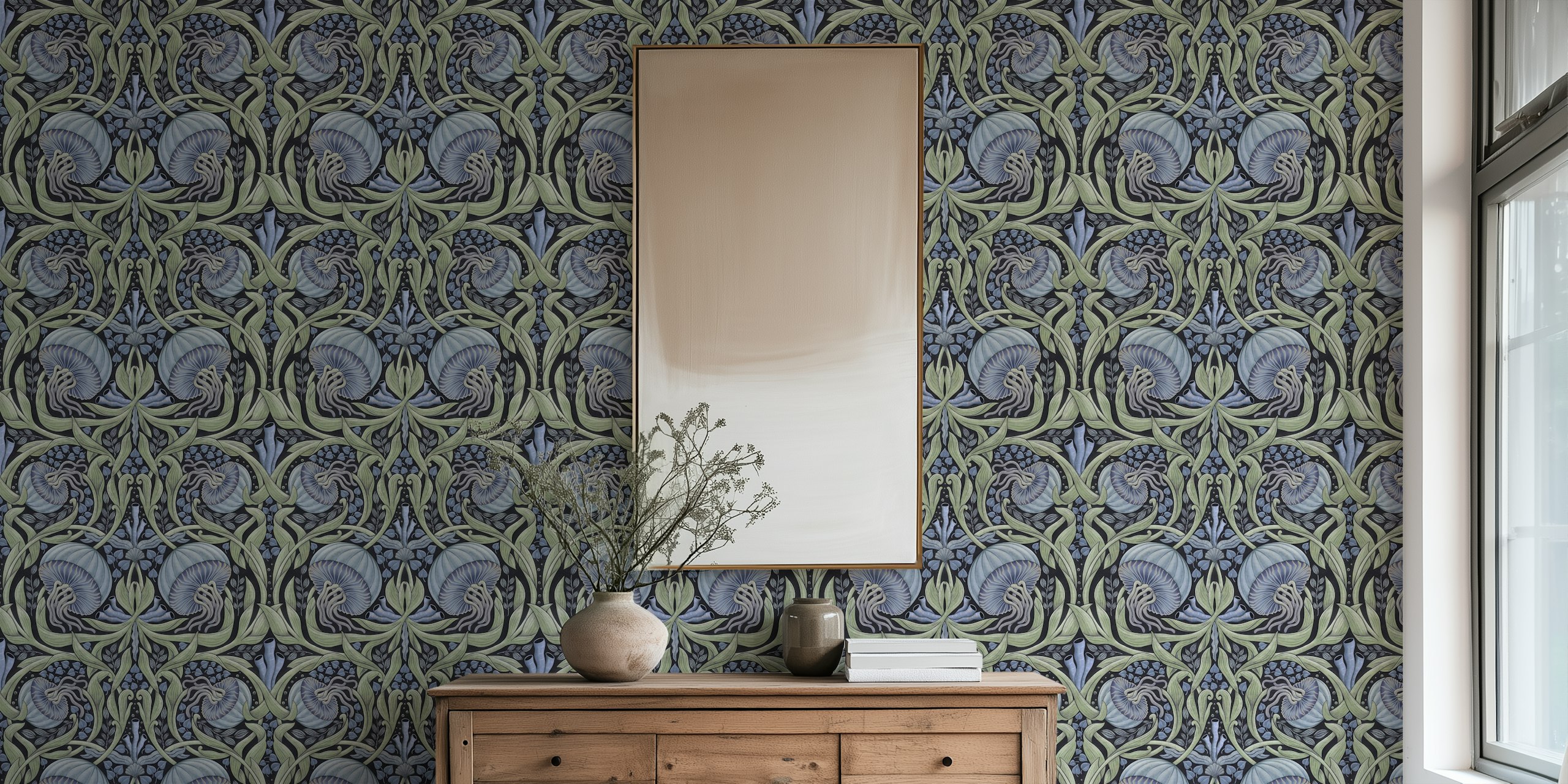 Jellyfish and floral patterns in lilac, blue, and black wallpaper