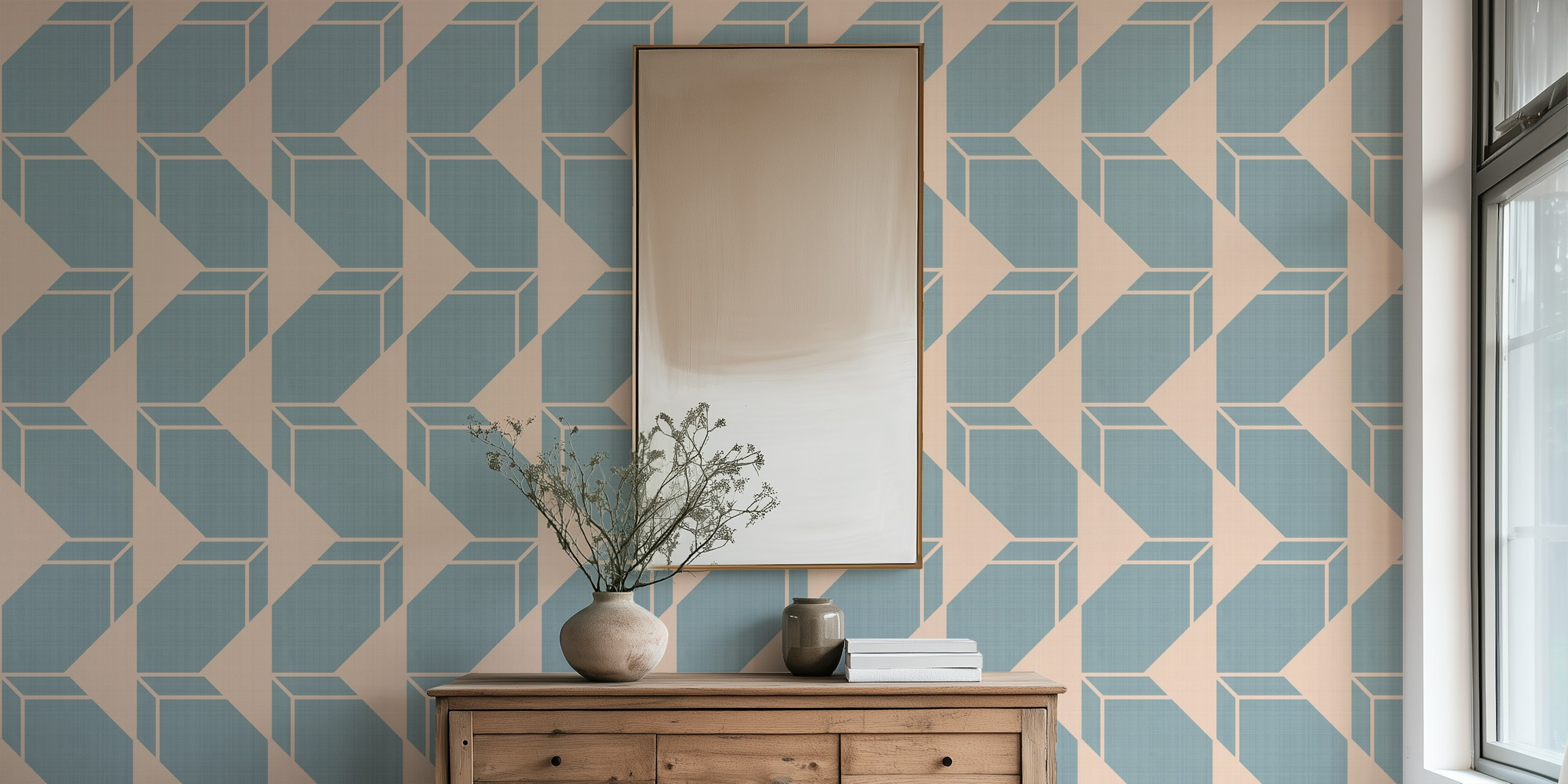 Geometric shapes in pastel blue on soft pink background wallpaper