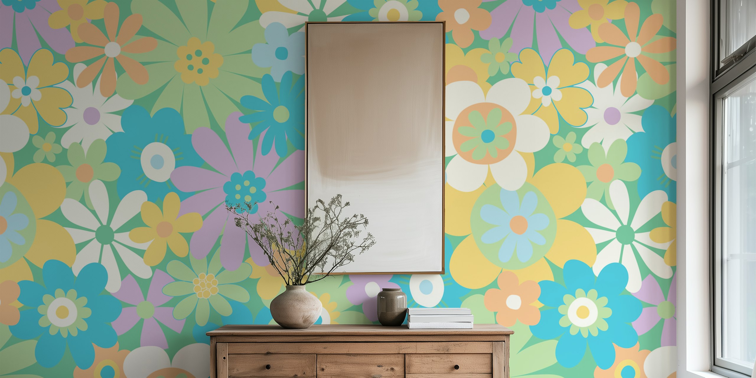 Retro Psychedelic flowers tapet i et rom