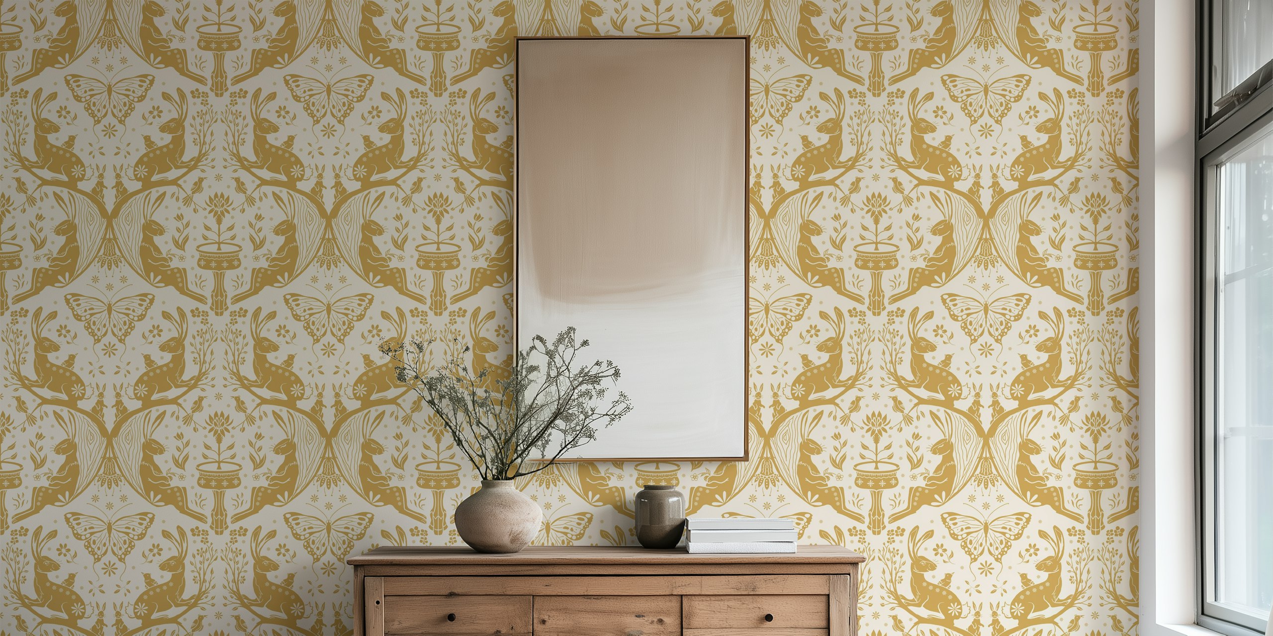 Playful rabbits and butterflies in gold on beige wallpaper