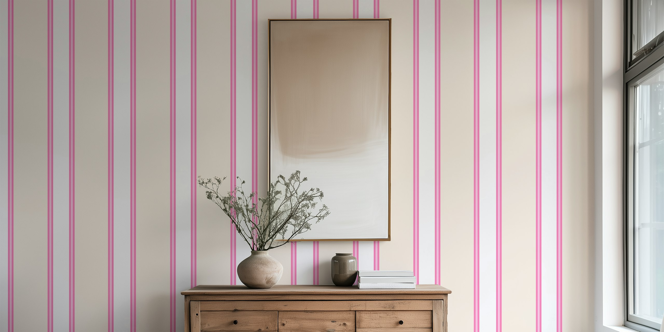 Pink striped patterns on beige background wallpaper