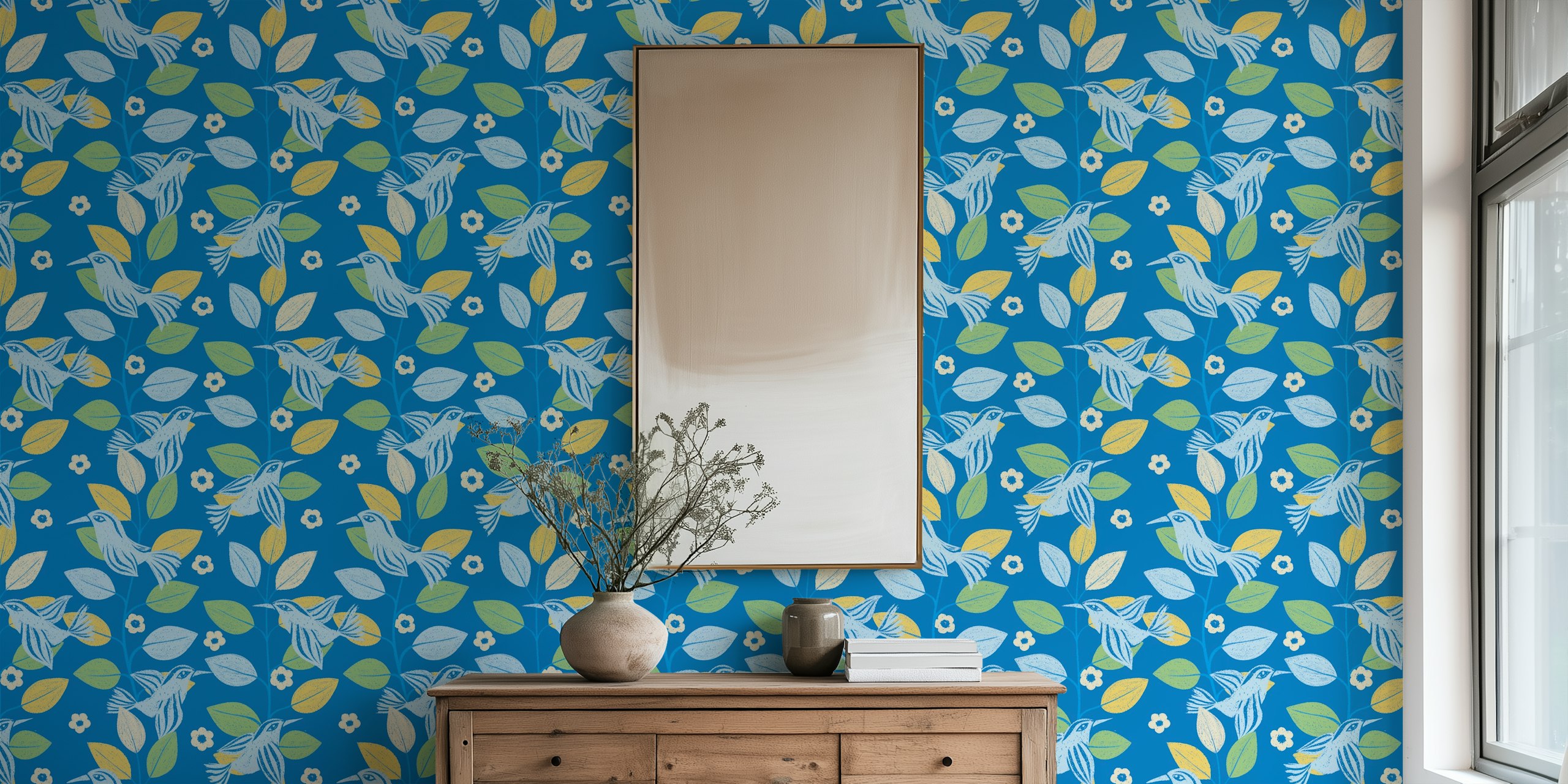 Wallpaper design with blue birds and colorful leaves
