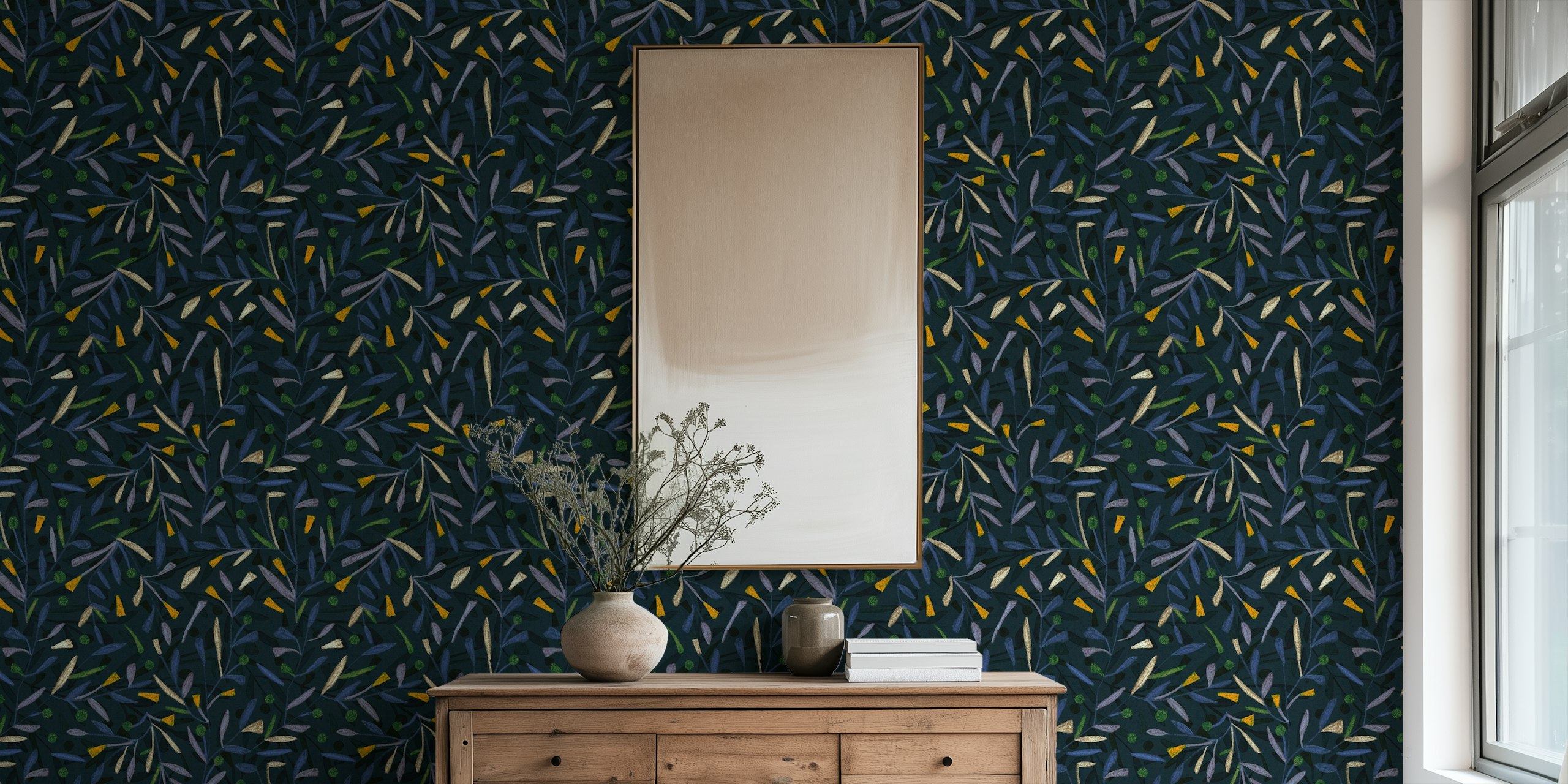 Midnight floral pattern with blue and yellow flowers and leaves wallpaper