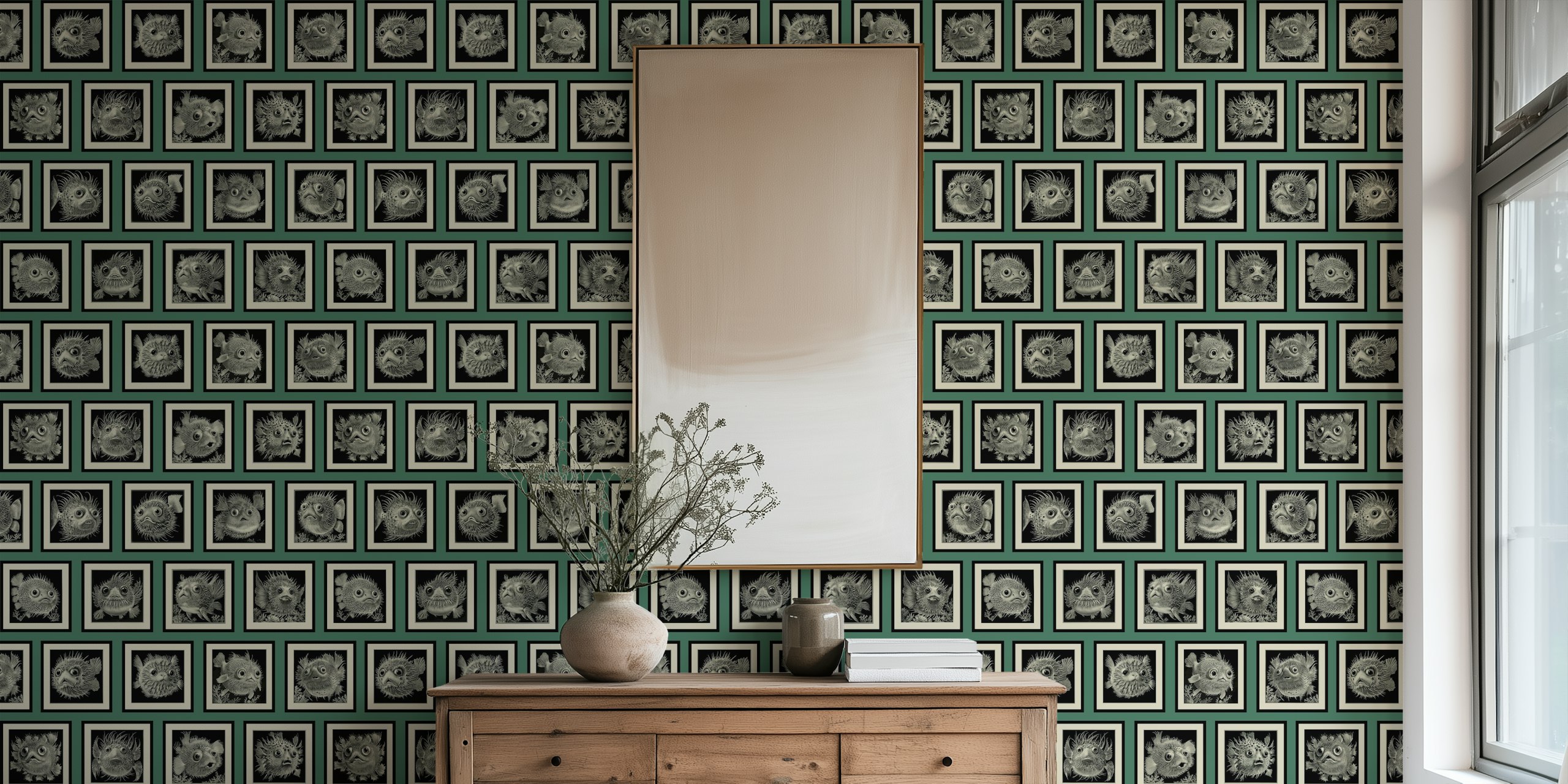 Pufferfish illustrations in frames on green background wallpaper