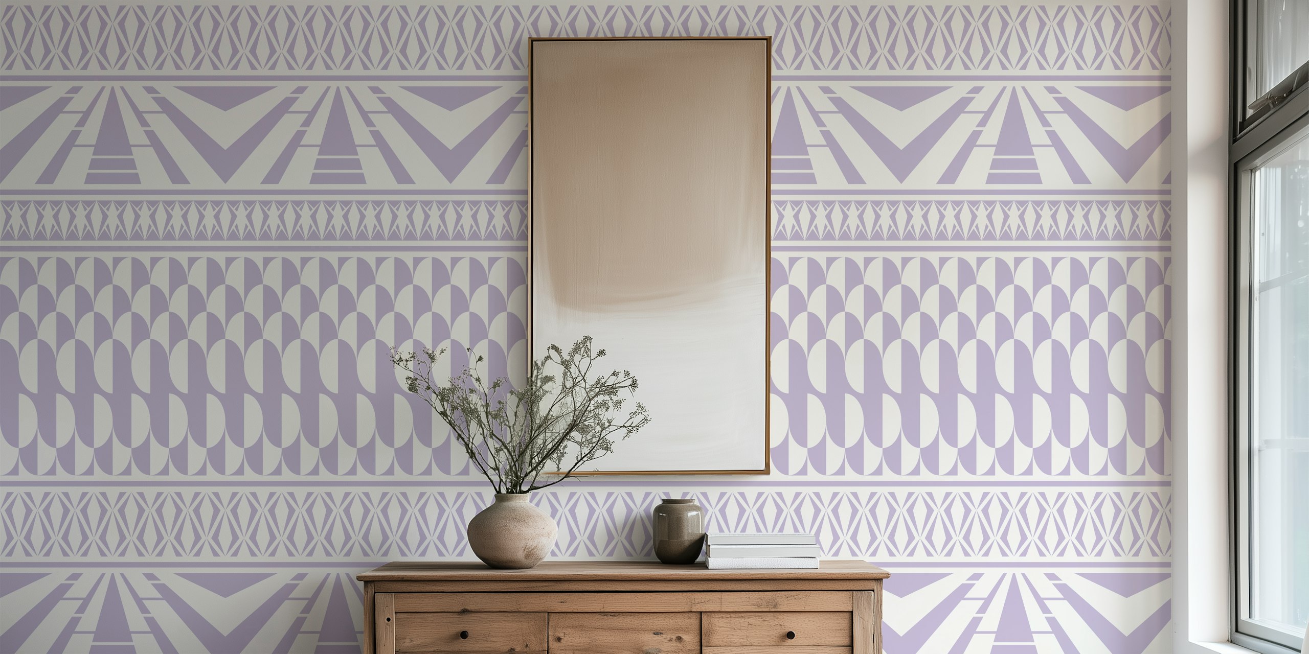 Lavender minimalist art deco geometric wallpaper in a room