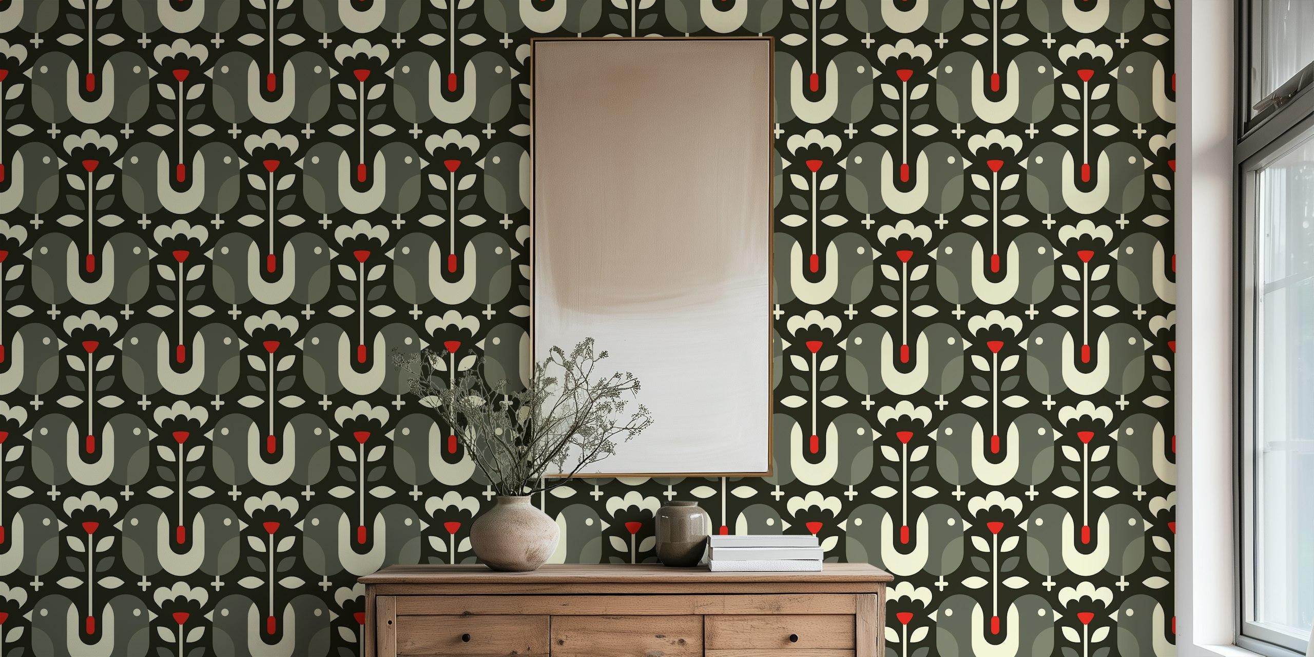 Modern bird art wallpaper in a room