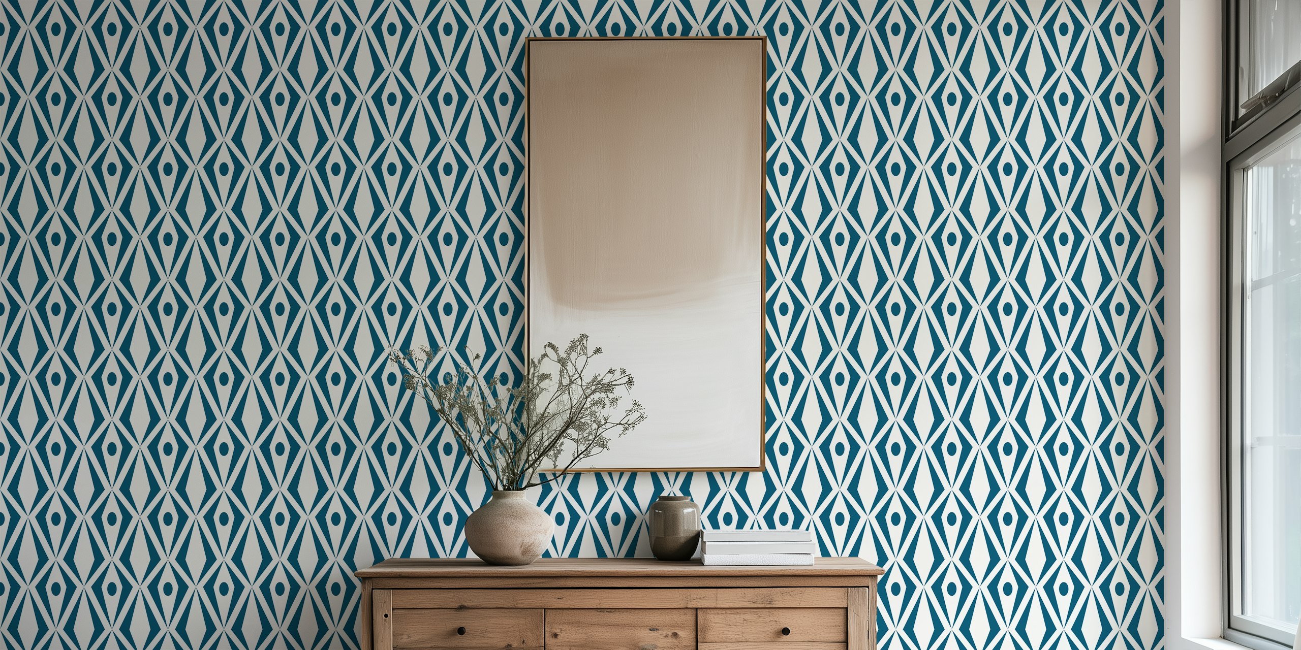 Teal geometric diamond wallpaper in a room
