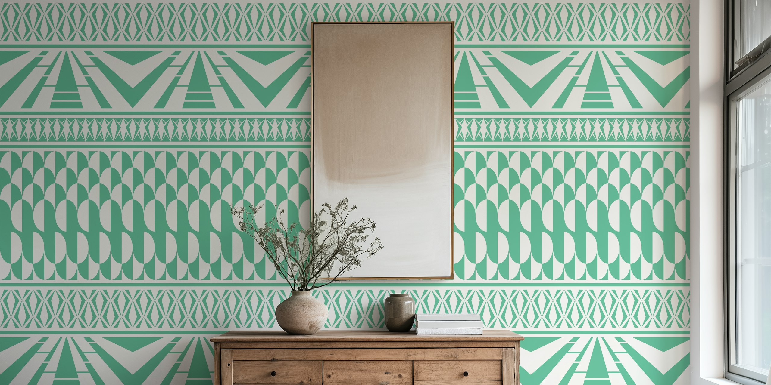 Papel de parede Minimalist art deco geometric mint em um quarto