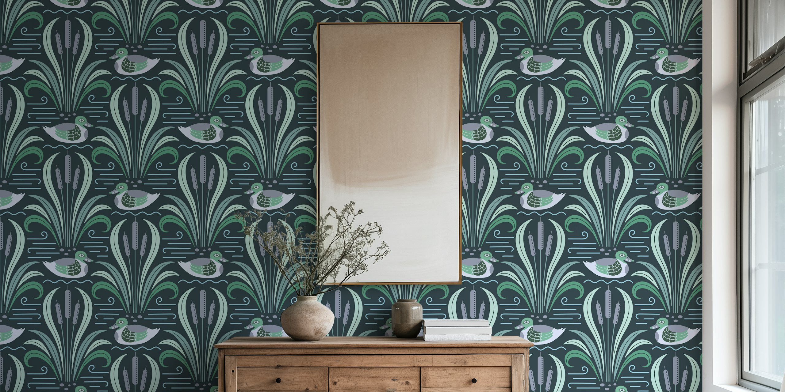 Papel de parede Midnight duck pond green em um quarto