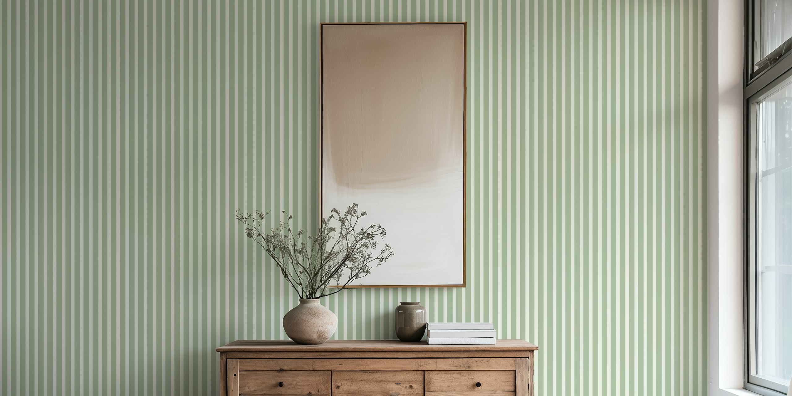 Sage green striped wallpaper in a room