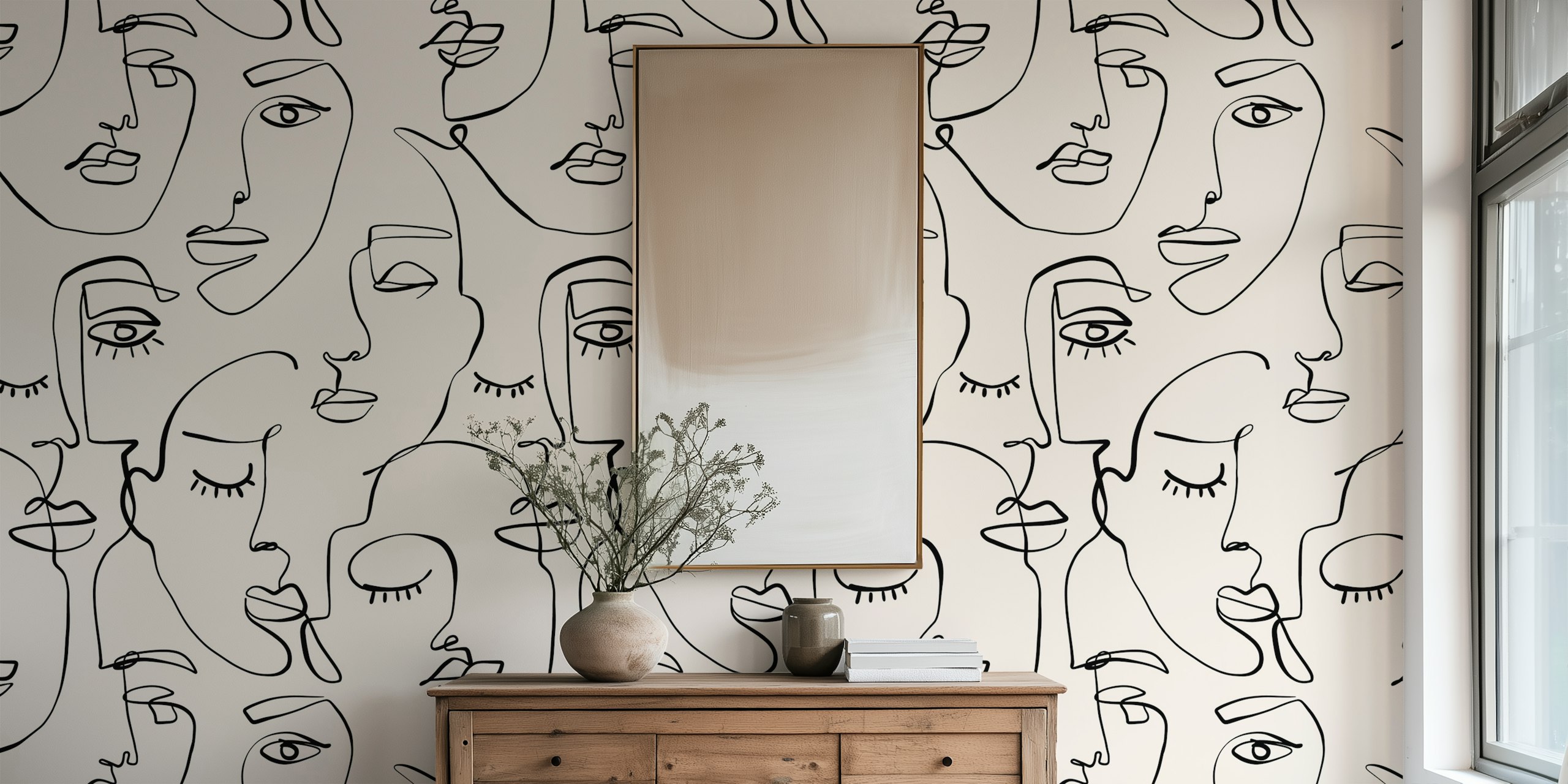 Wallpaper with monochrome line art faces