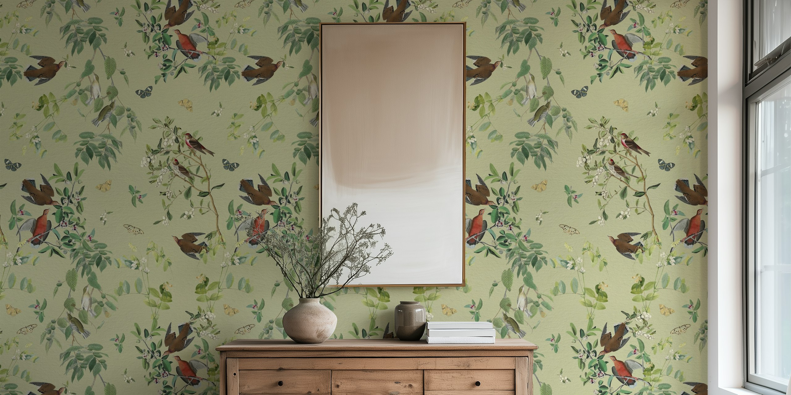 Wings and Flora Charm Olive Green Tapeteanzeige