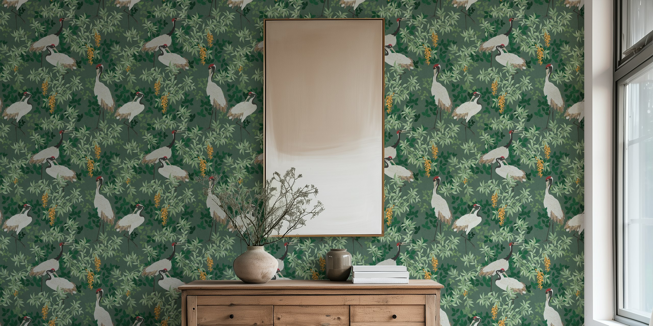 Botanical wallpaper featuring cranes, green foliage, and florals