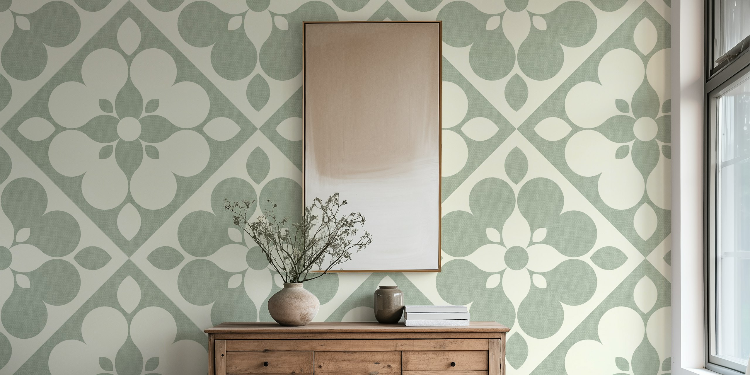 Sage green Retro Geometric Floral Quilt Tapete in einem Raum
