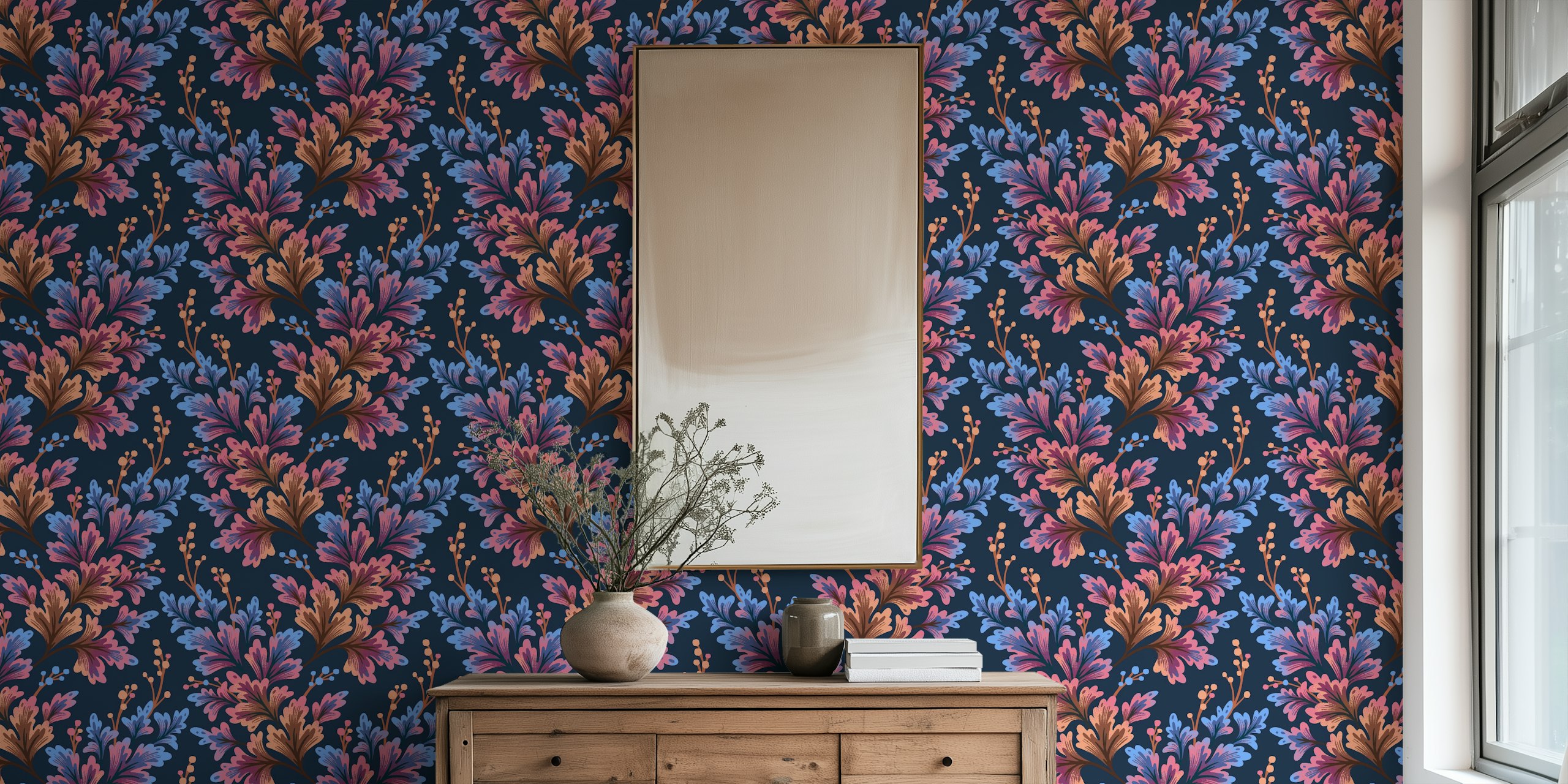 Frilled Foliage Navy Blush wallpaper in a room