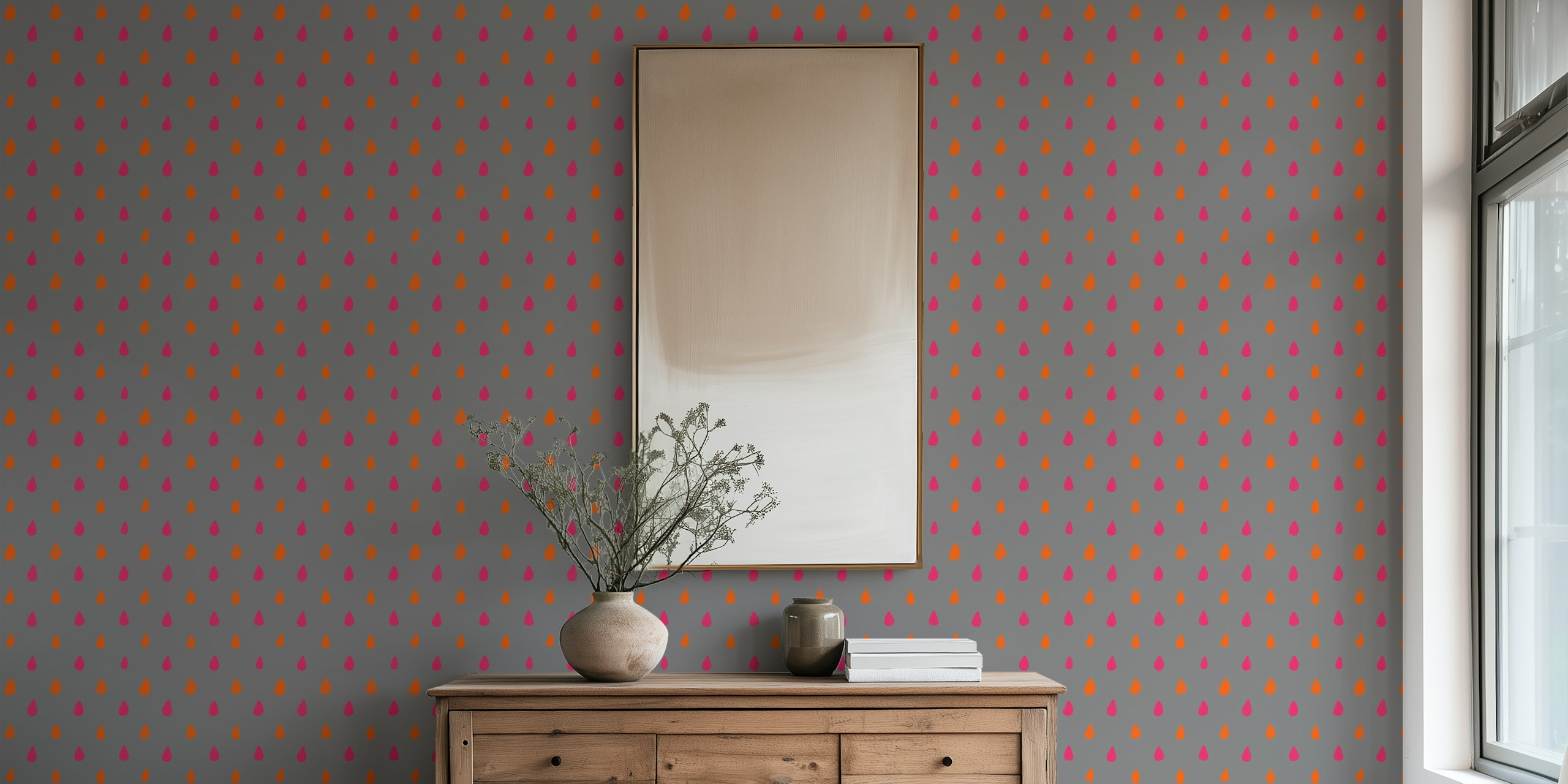 Colorful raindrop pattern in pink and orange on grey wallpaper