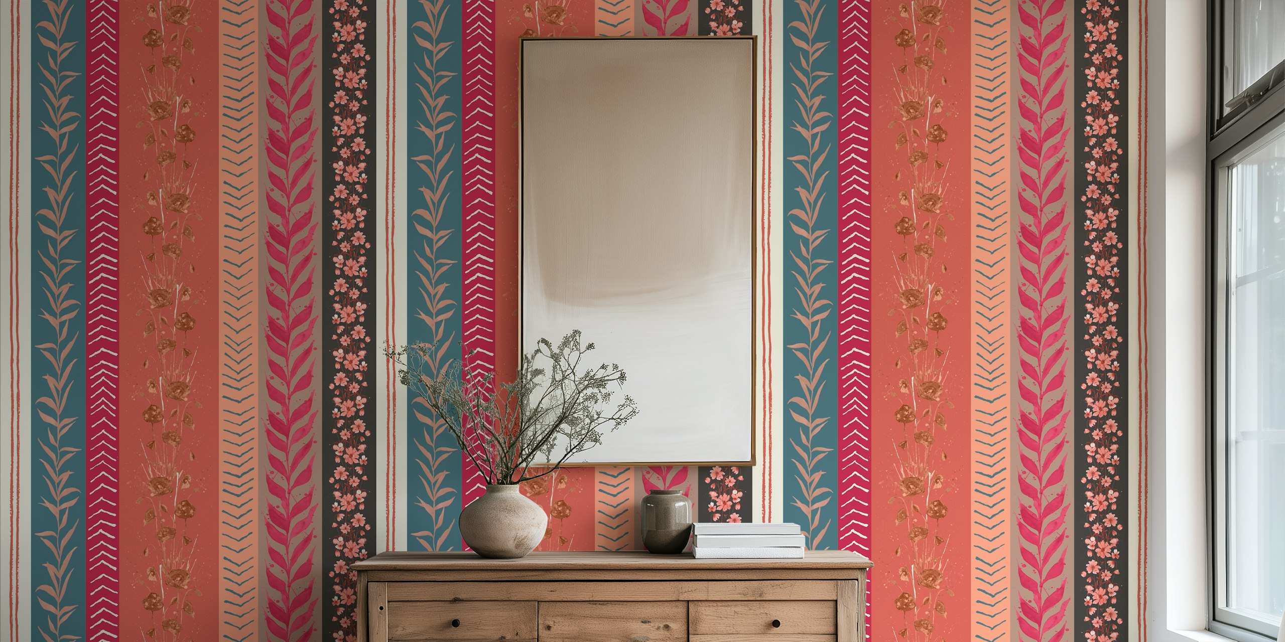 Autumn Stripes Blue and Peach wallpaper in a room