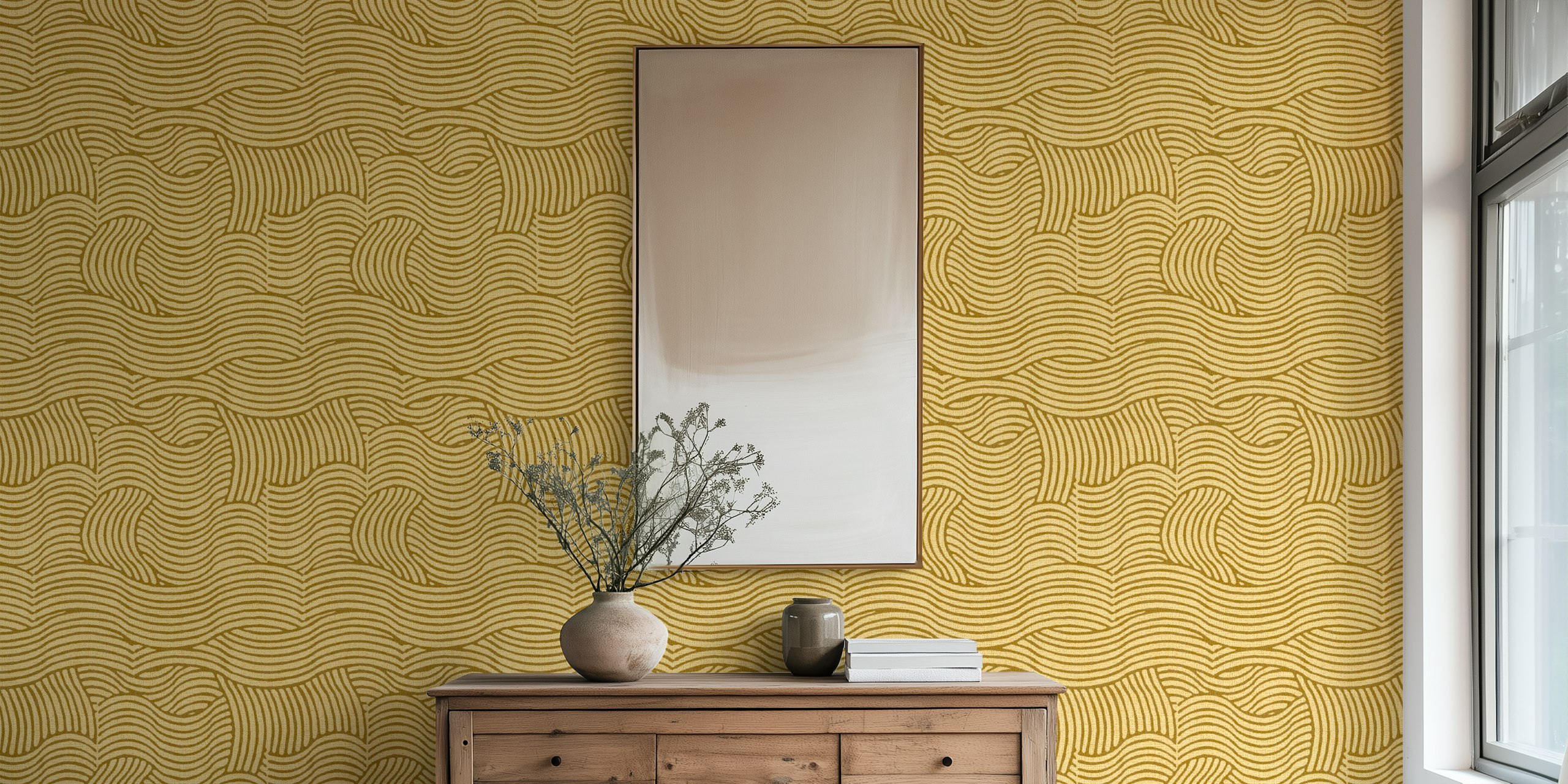 Wavy Stripes Textured Beige Mustard papel de parede no quarto