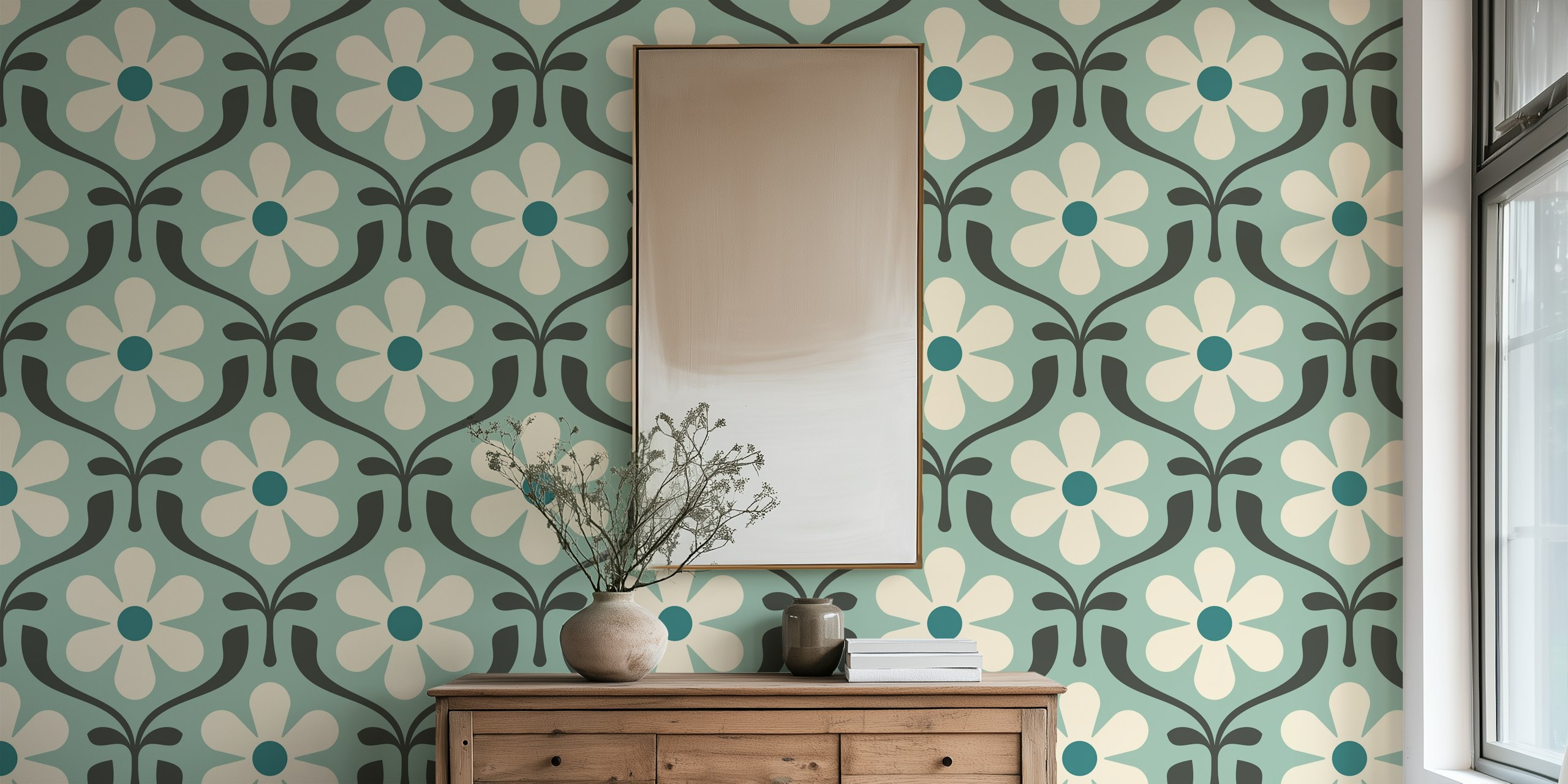 Retro floral pattern in turquoise and cream colors wallpaper