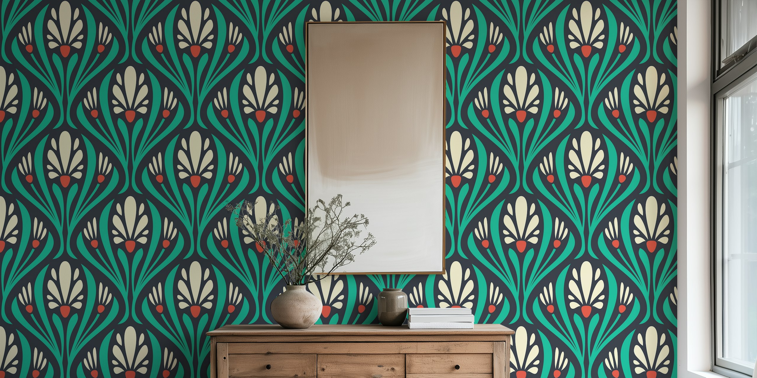Art Nouveau Floral in Green wallpaper in a room