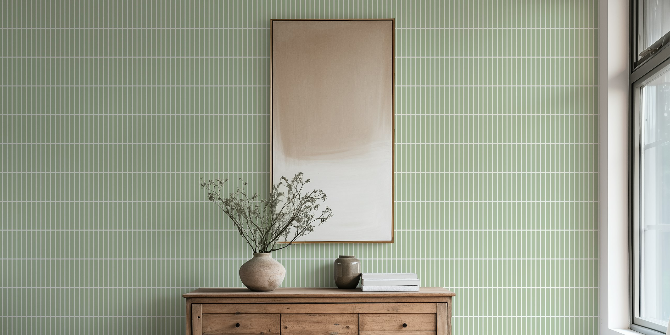 Vertical striped sage green and white wallpaper