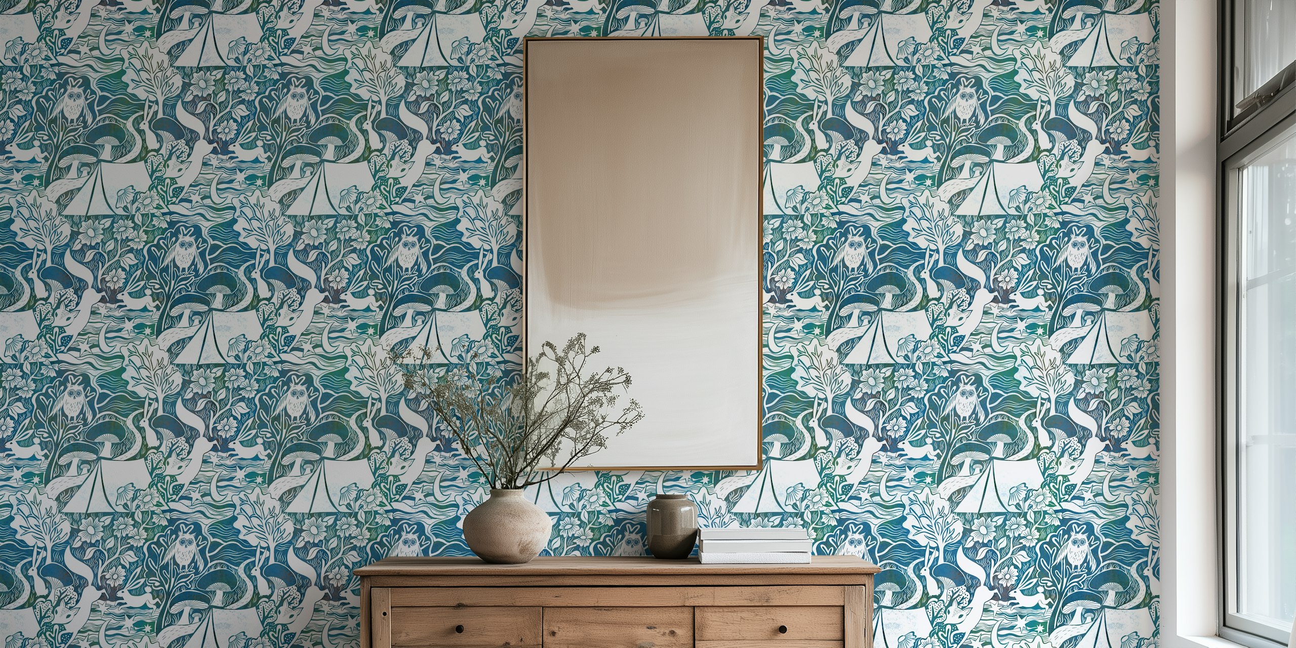 Campsite adventures blockprint wallpaper in a room