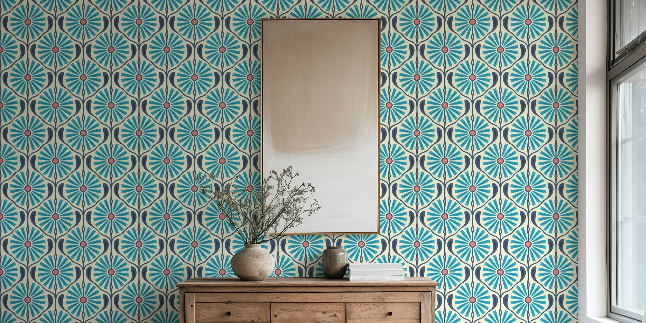 Floral pattern with blue petals and pink centers on cream wallpaper