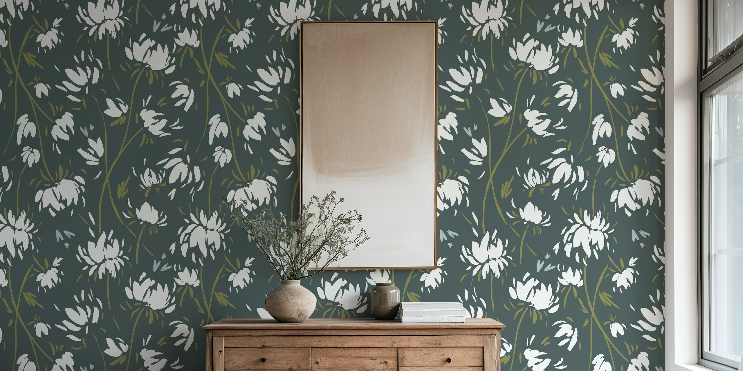White floral vines on navy background wallpaper