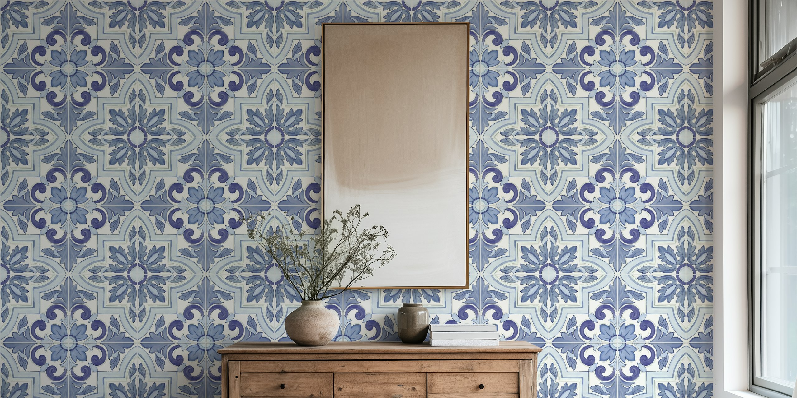 Ornate floral pattern in blue and white hues wallpaper