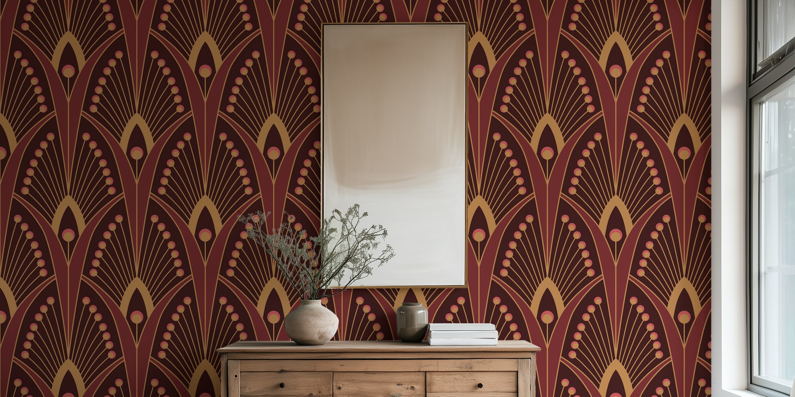 Geometric art deco peacock feathers wallpaper in room