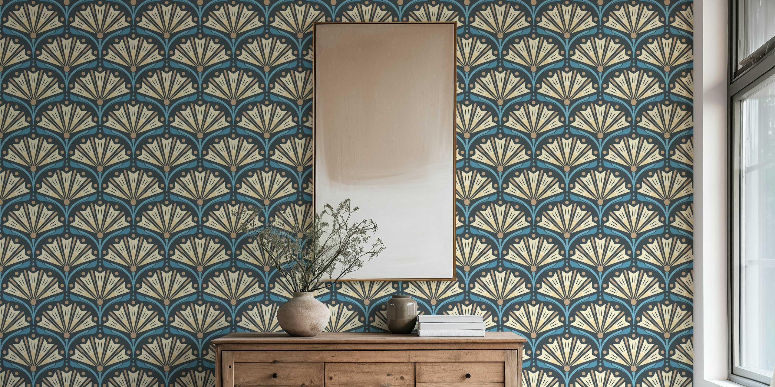 Art Deco floral pattern in blue and beige wallpaper