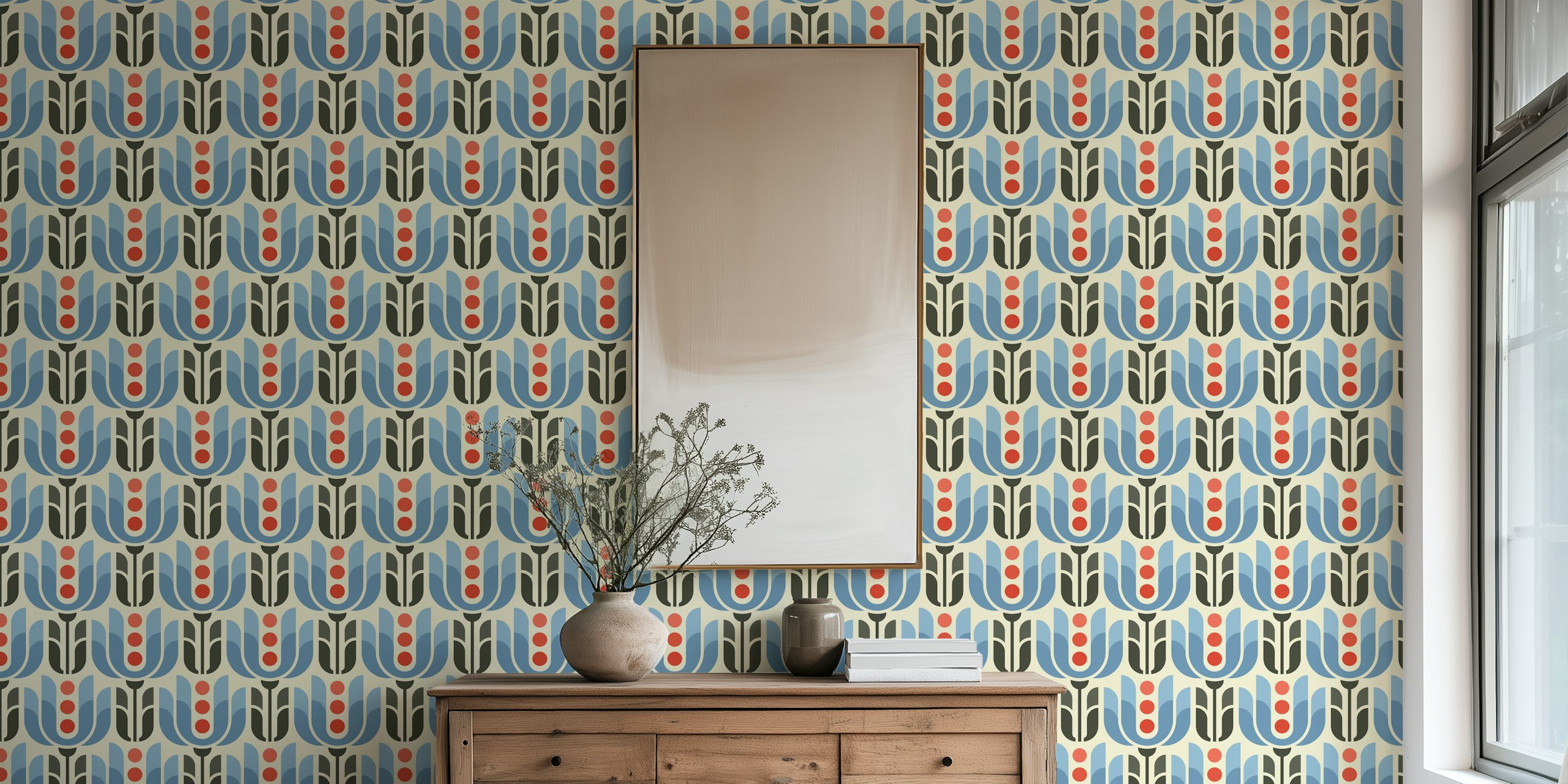 Retro Geometric Tulips wallpaper in room