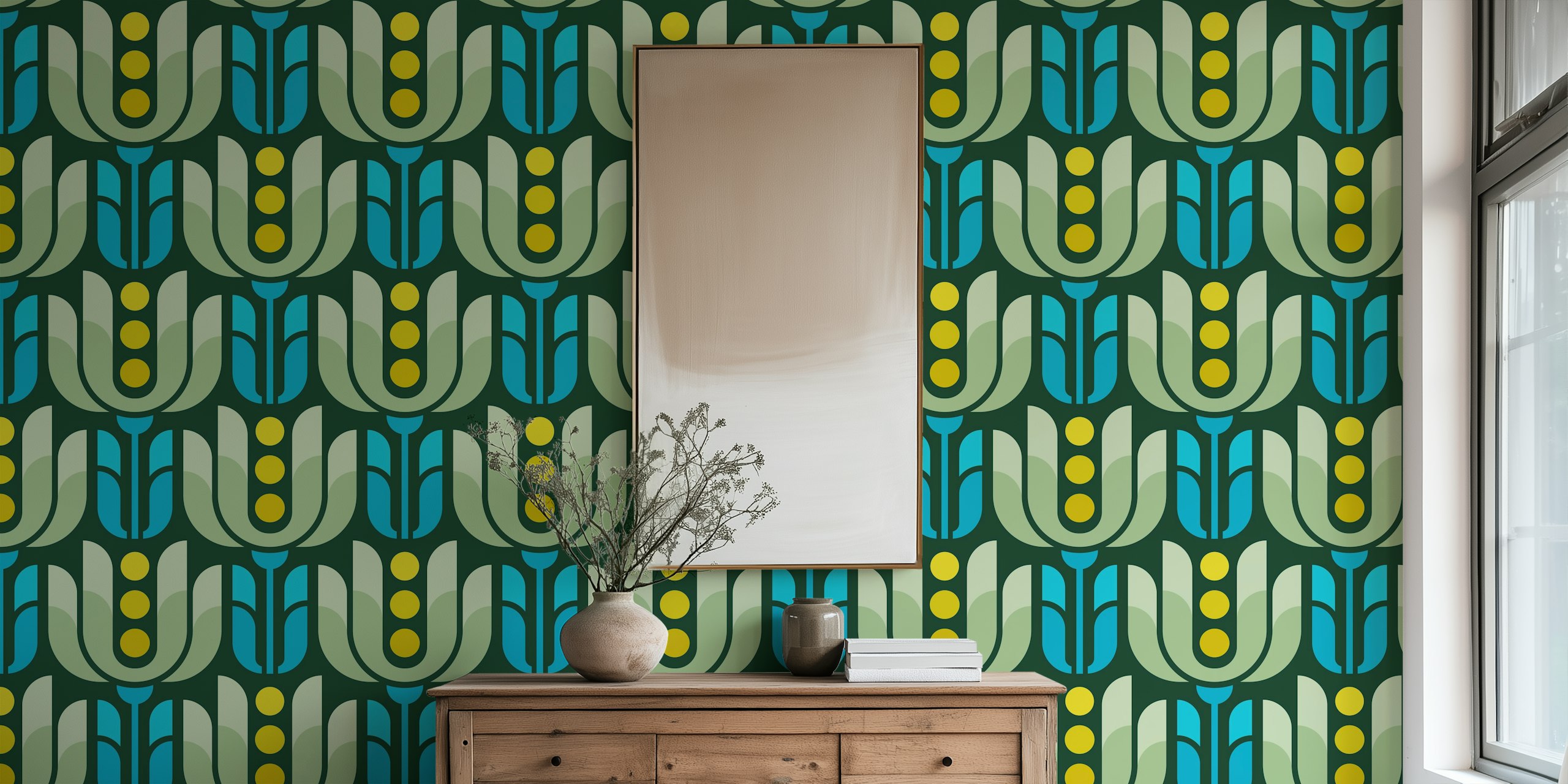 Retro geometric floral design in green and blue wallpaper