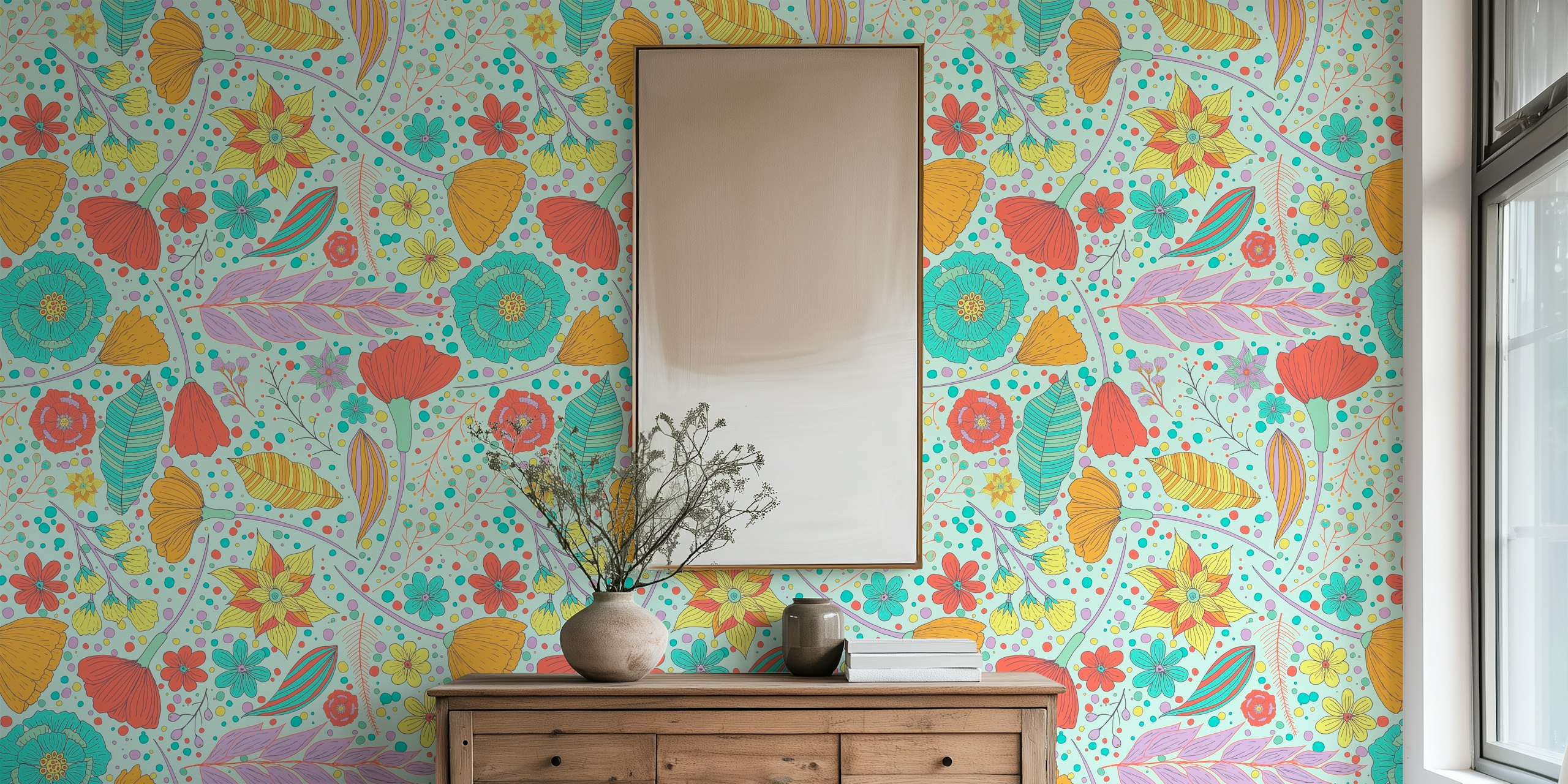 Joyful spring flowers wallpaper in a room