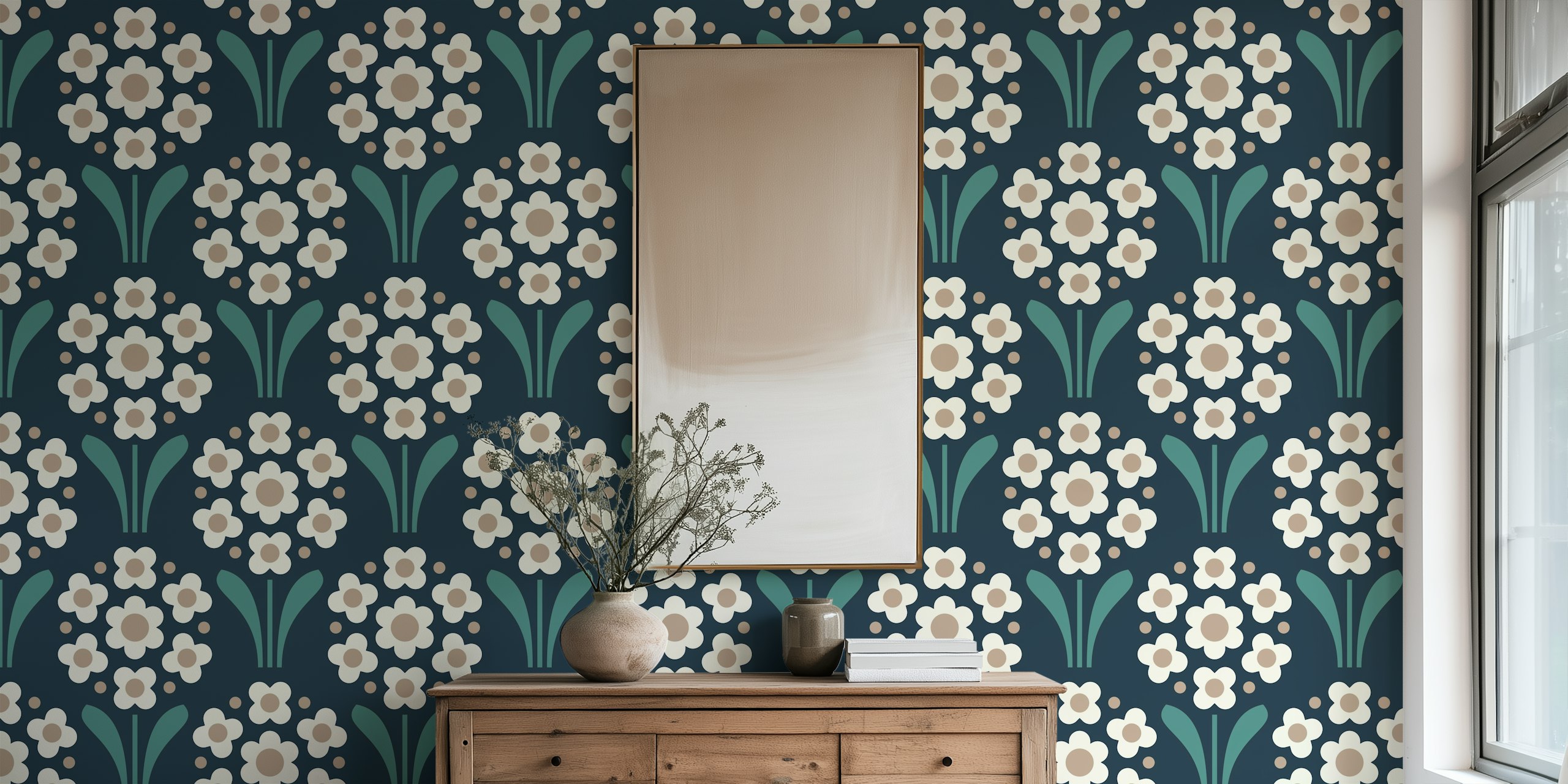 Floral design with green leaves and beige flowers wallpaper